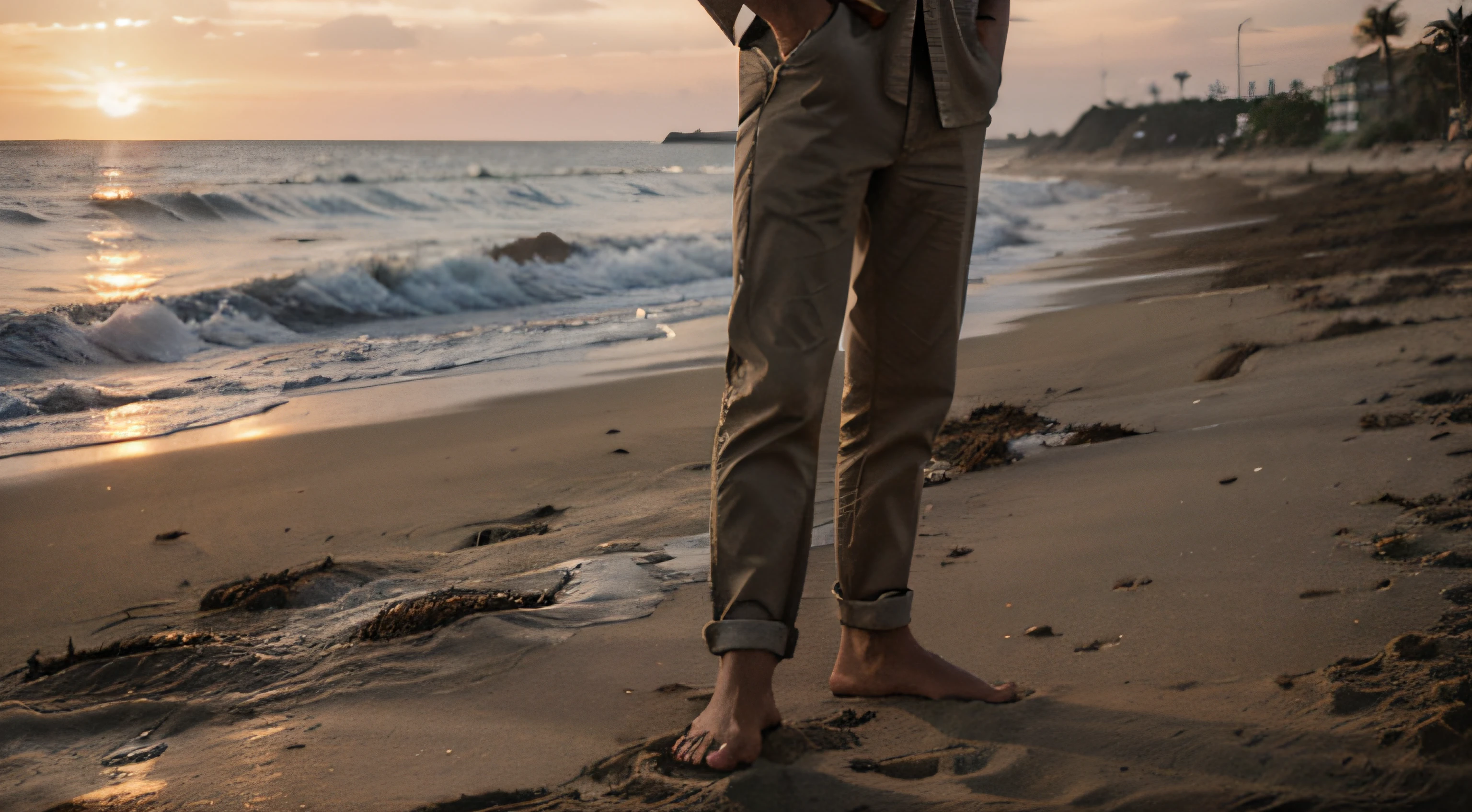 man with sand in hand, on the beach, sunset