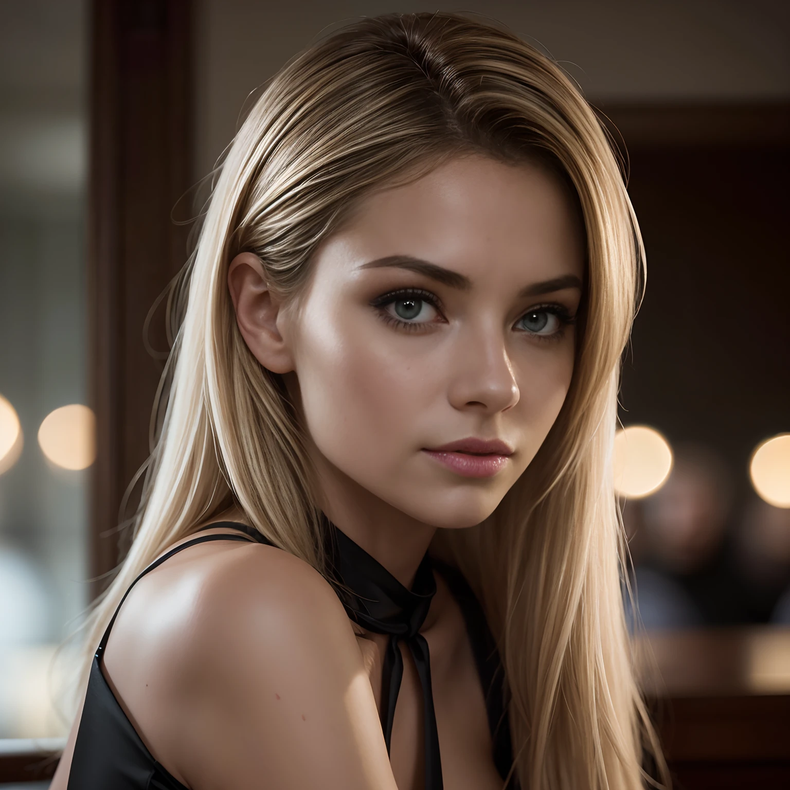 Photo professionnelle du corps entier, (Photo 4k:1.1) par (Jeremy Lipking:0.3), (Dittmann Anna:0.3), (jiner:0.3), (mise au point nette:1.3), High detail, Elegant businesswoman, Revealing black dress, restaurant, cheveux blonds, Pose of the Instagram model, confiant, fille en forme, Fille maigre, seins moyens:1.2, anatomie parfaite, Perfect symmetry:1.2, Realstic, realistic face:1.2, visage parfait, contenu, confiant, highly detailed, et dramatique, lighting cinematic, Lighting scene, soft lights, -neg erratic fluctuation in motion, noisy, bad quality, distorted, poorly drawn, blurry, grainy, low resolution, oversaturated, lack of detail, inconsistent lighting