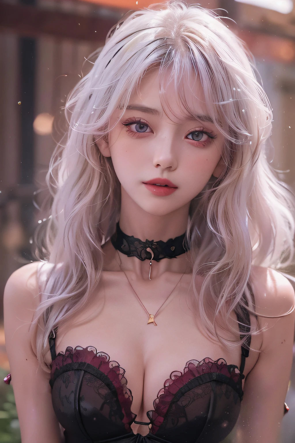 (a closeup)、((1girl in))、(in her 20s)、((Long))、((Pattsun bangs))、((white  hair))、(looking at view)、(A slight smil)、((Black see-through dress))、(corsets)、(Photoreal Stick:1.2)、in 8K、(High quality shadows)、Detail Beautiful delicate face、Detail Beautiful delicate eyes、Cute K-pop Idol、(Korean Urzan Face)、(ulzzang -6500-v1.1:0.6)、gloweyes、perfectbody、Natural color reproduction、Bright red lipstick、(a choker)、((Eyes reddish-brown))、Shiny hair、Description beautiful delicate hair、(Lustrous skin)、(电影灯光)、Meadow at night、The Milky Way in the sky、Countless stars、