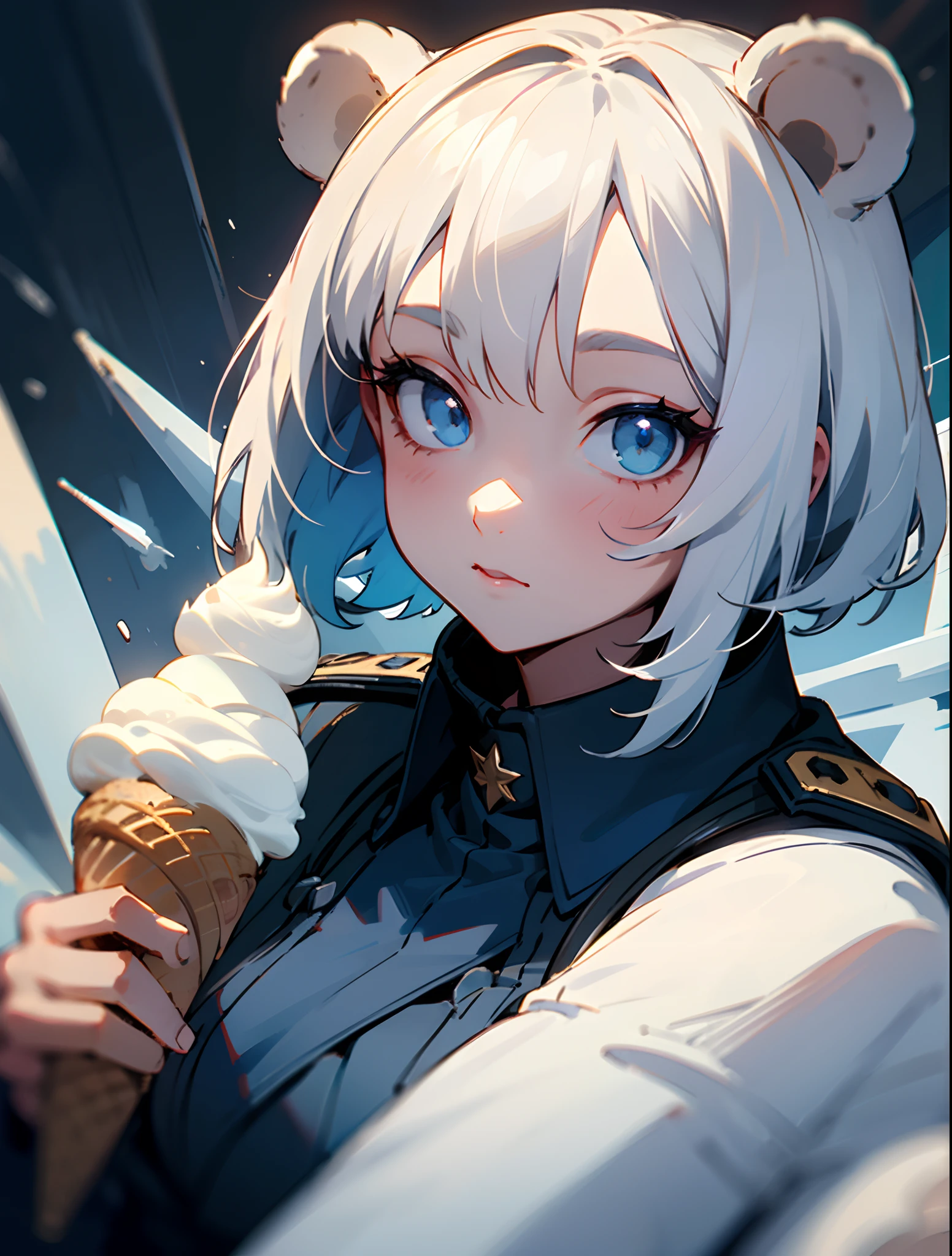 Obese female with short white hair and bear ears and blue eyes, wearing a navy blue military uniform, holding an ice cream cone, with a warhammer nearby, masterpiece, perfect face, dynamic lighting