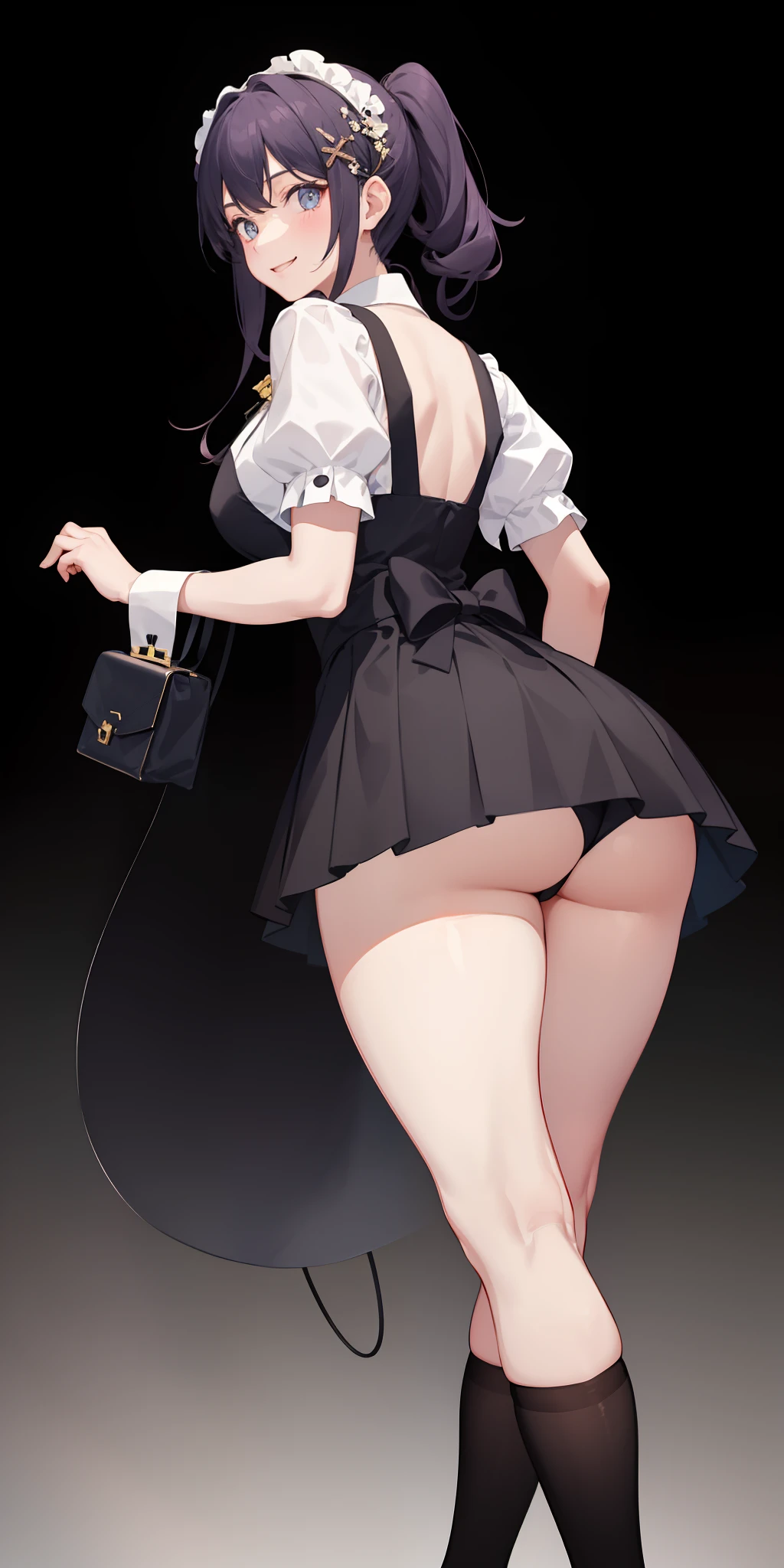 1girl in、A smile、A delightful! The shirt、skirt by the、(small tits)pinafore、doress、hair adornments、(Maids)、beatiful legs 、((big thighs)) 、squating banchira 、((big ass))