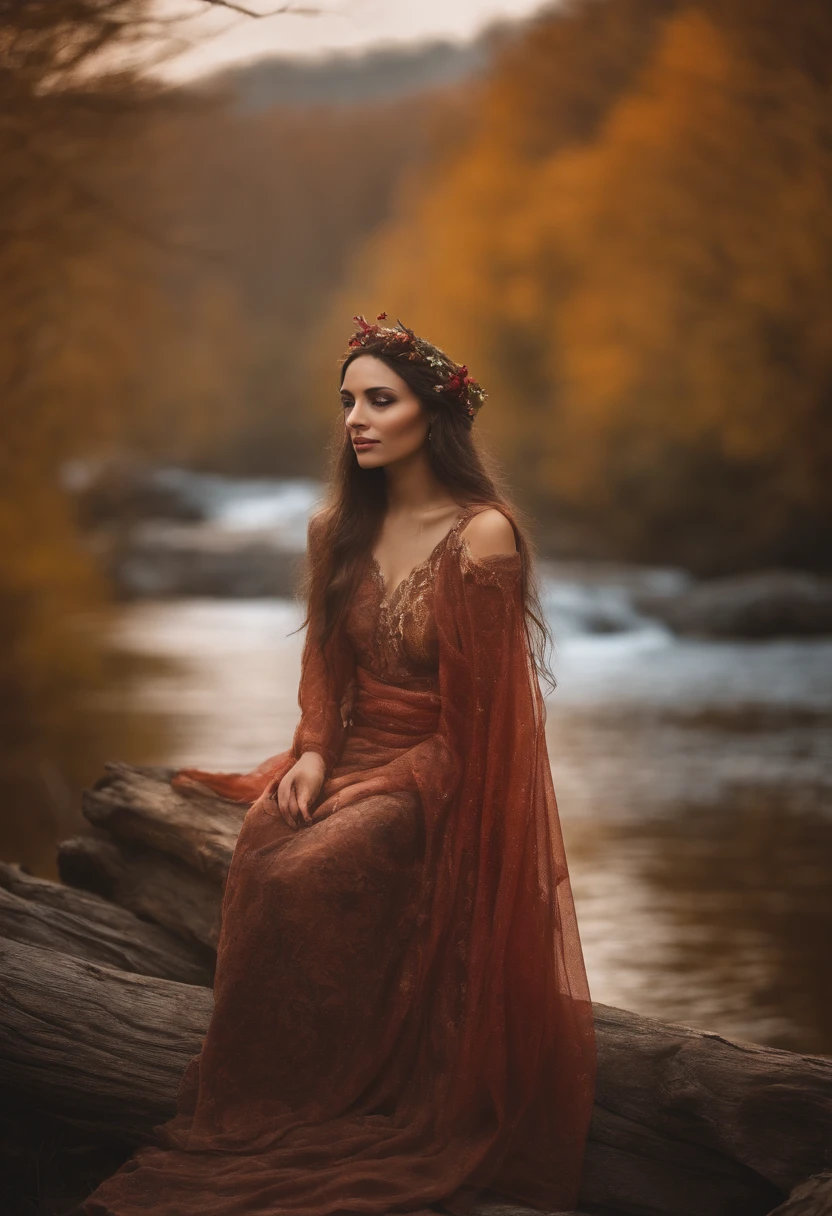 Colored leaves、a river、An ultra-high picture quality、8K、Elven Woman、foggy
