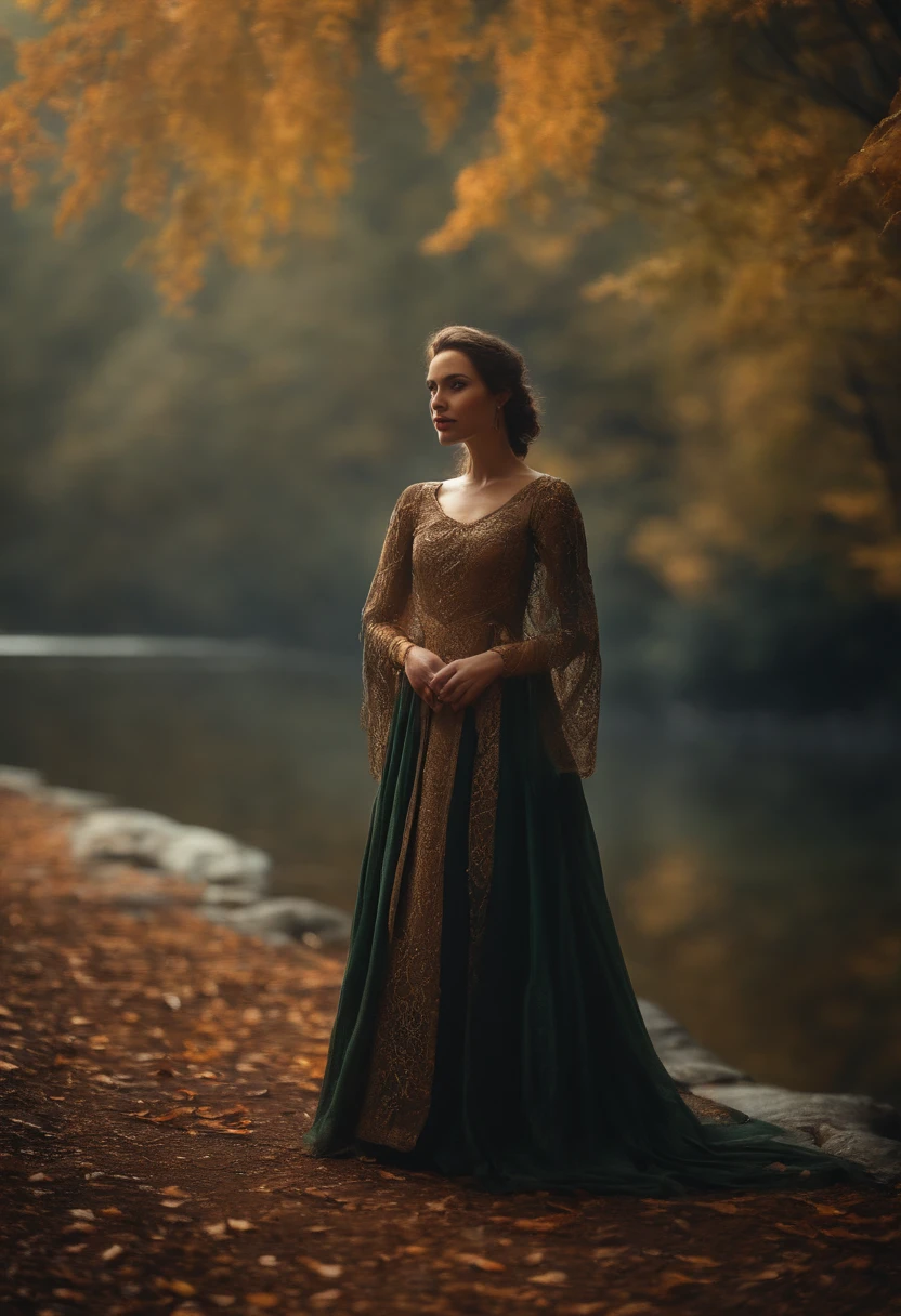 Colored leaves、a river、An ultra-high picture quality、8K、Elven Woman、foggy