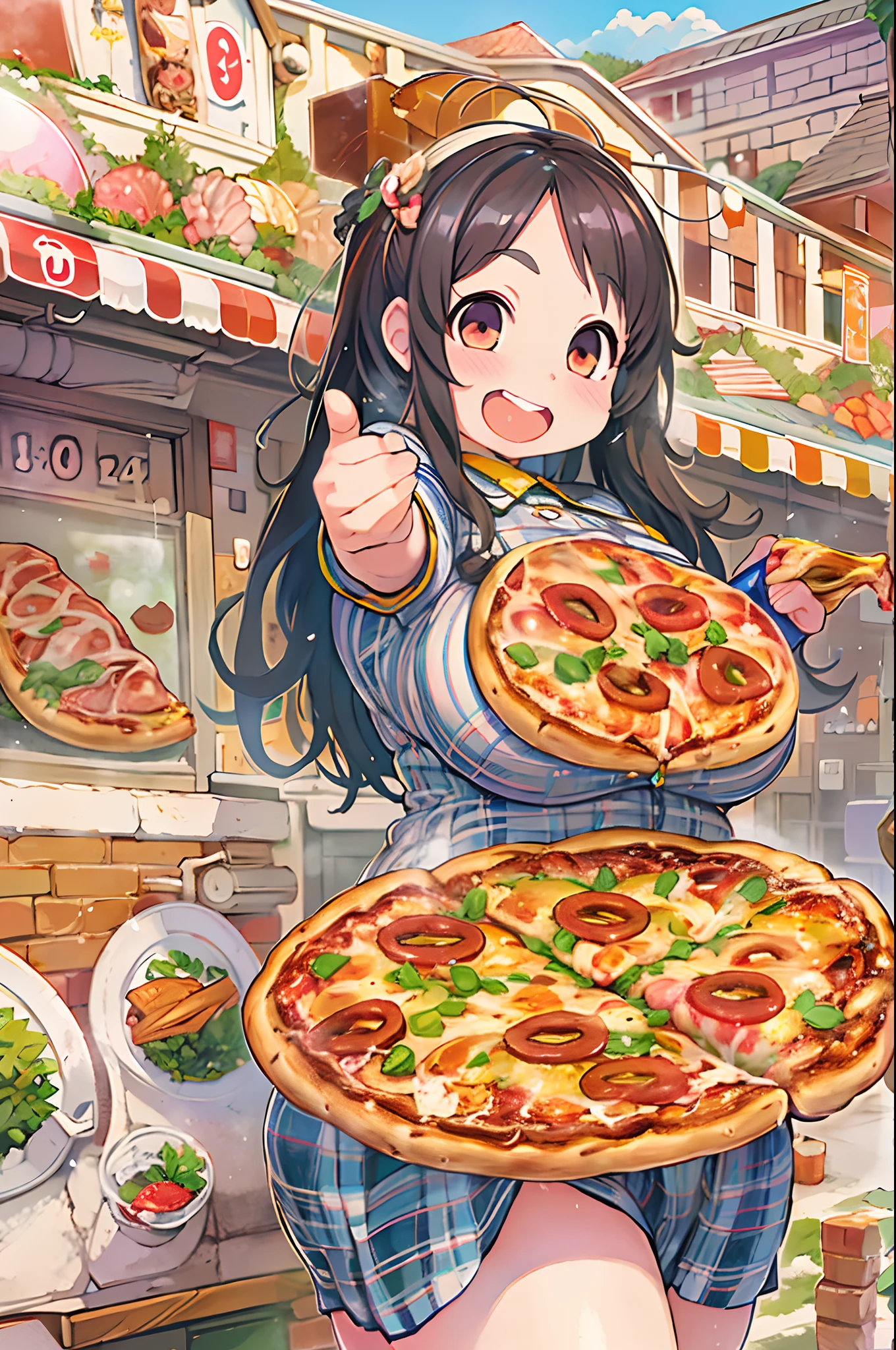 masutepiece, Best Quality, 女の子1人、huge-breasted、bbw、Holding (Giant pizza slices)1.5、Thumbs up、huge smile、Plastic bottles of cola、