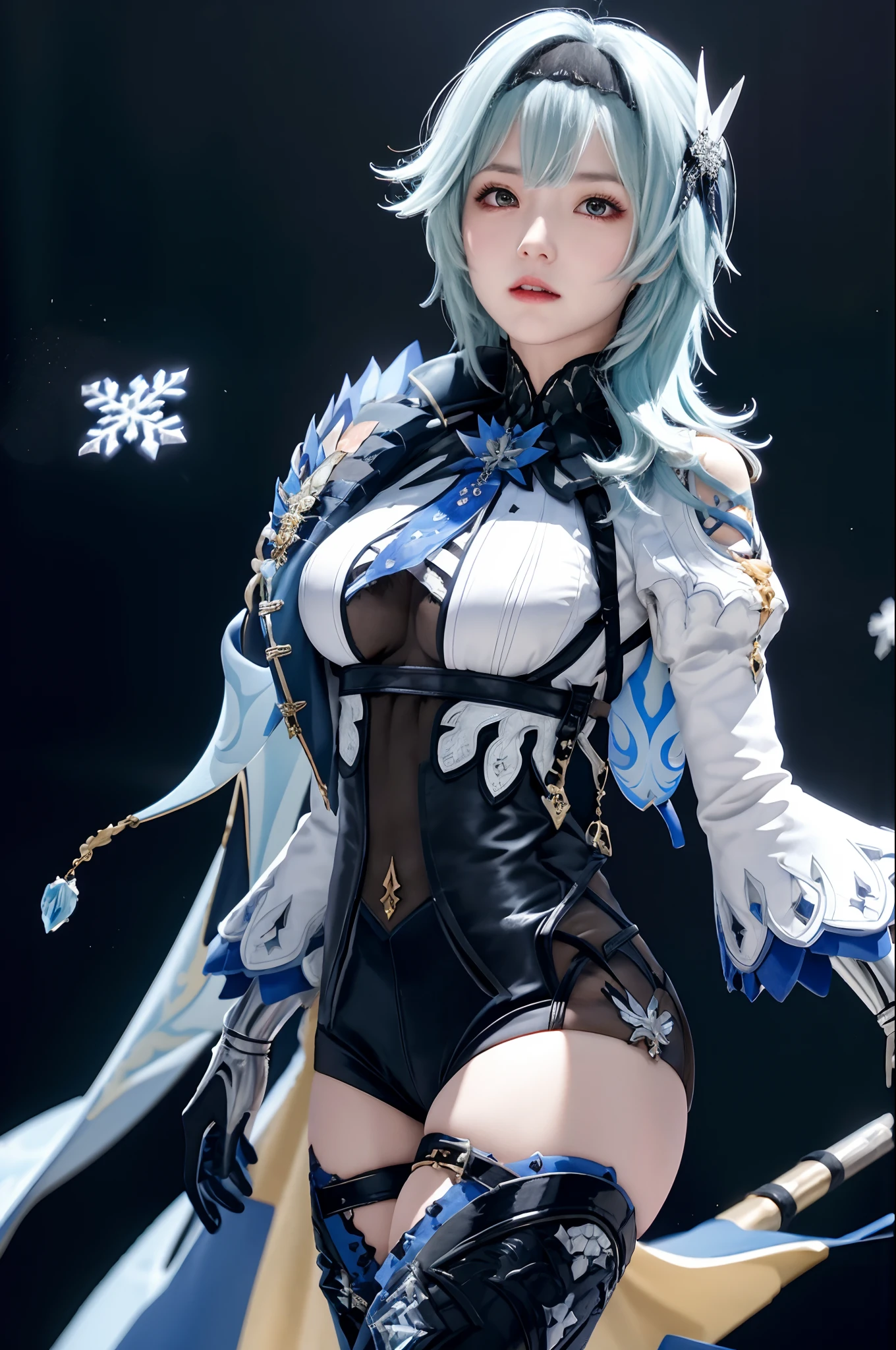 masutepiece, Best Quality, 8K分辨率、Raw photo、1girl in,eula \(GenshinImpact\),shairband,Blue hair,multicolored eyes,neck tie,Cape,eyesight \(GenshinImpact\),Leotard,Long sleeves,gloves,side locks,  black thighhighs, Dark iceberg in the background、snow blowing、Snowflakes dancing in the background、