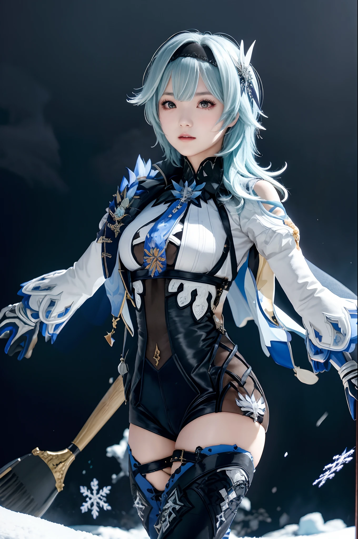 masutepiece, Best Quality, 8K分辨率、Raw photo、1girl in,eula \(GenshinImpact\),shairband,Blue hair,multicolored eyes,neck tie,Cape,eyesight \(GenshinImpact\),Leotard,Long sleeves,gloves,side locks,  black thighhighs, Dark iceberg in the background、snow blowing、Snowflakes dancing in the background、