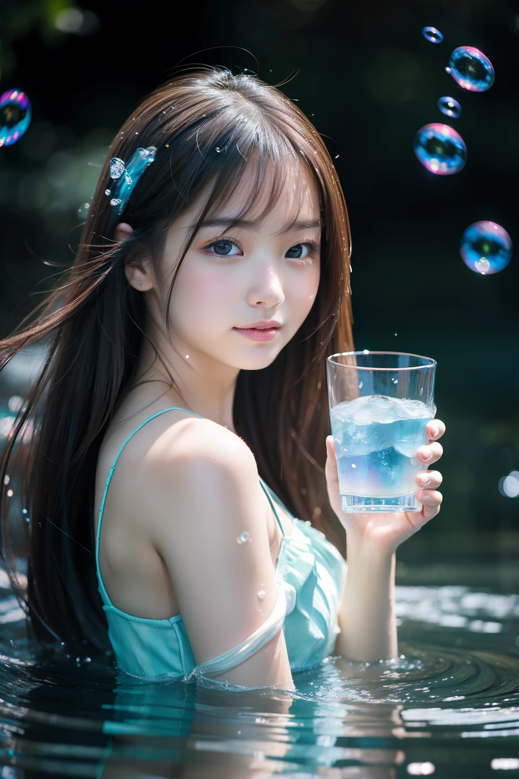 Masterpiece , photorealistic , high resolution, A young girl holding a glass of blue water  , water splash at glass, girl with long hair, in the style of Realism,  gongbi,  beautiful girl,  simple background, lot bubble around ,