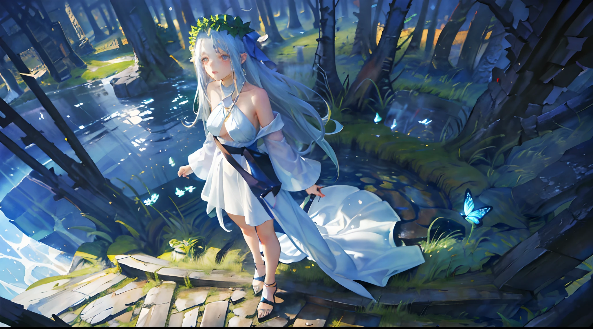 Under the mysterious night sky、Deep in the forest、Beautiful girl standing、Expressed figure、Fantastic art、watercolor paiting、