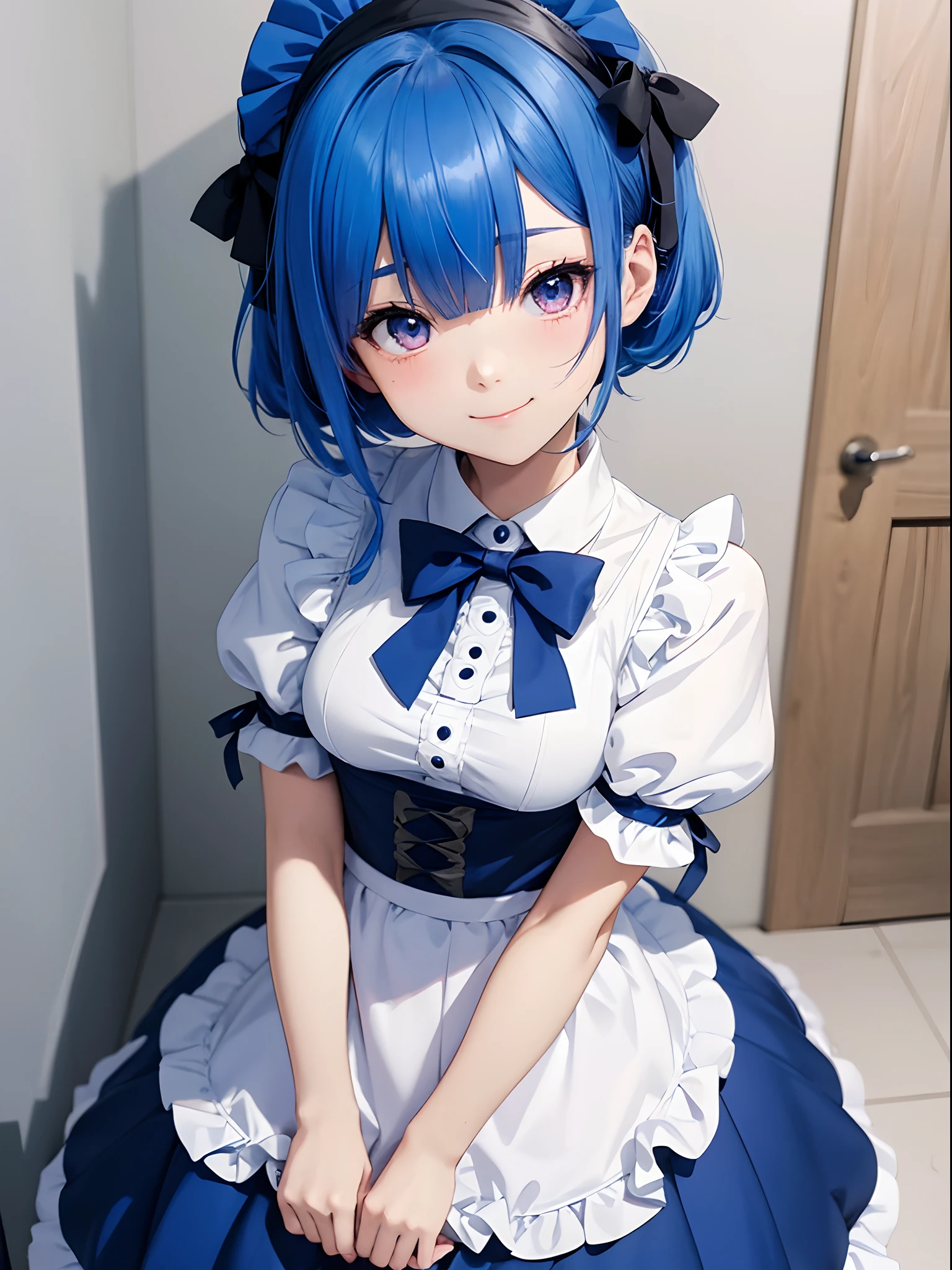 1
anime, Woman in maid clothes with blue hair and bow, The right eye is covered with bangs、rem rezero, , small curvy , Anime visuals of cute girls, 1 persons、独奏、lolidress, short blue haired woman, anime moe art style, anime visual, Teasing smile, A seductive anime girl, Lori、The right eye is hidden by hair、