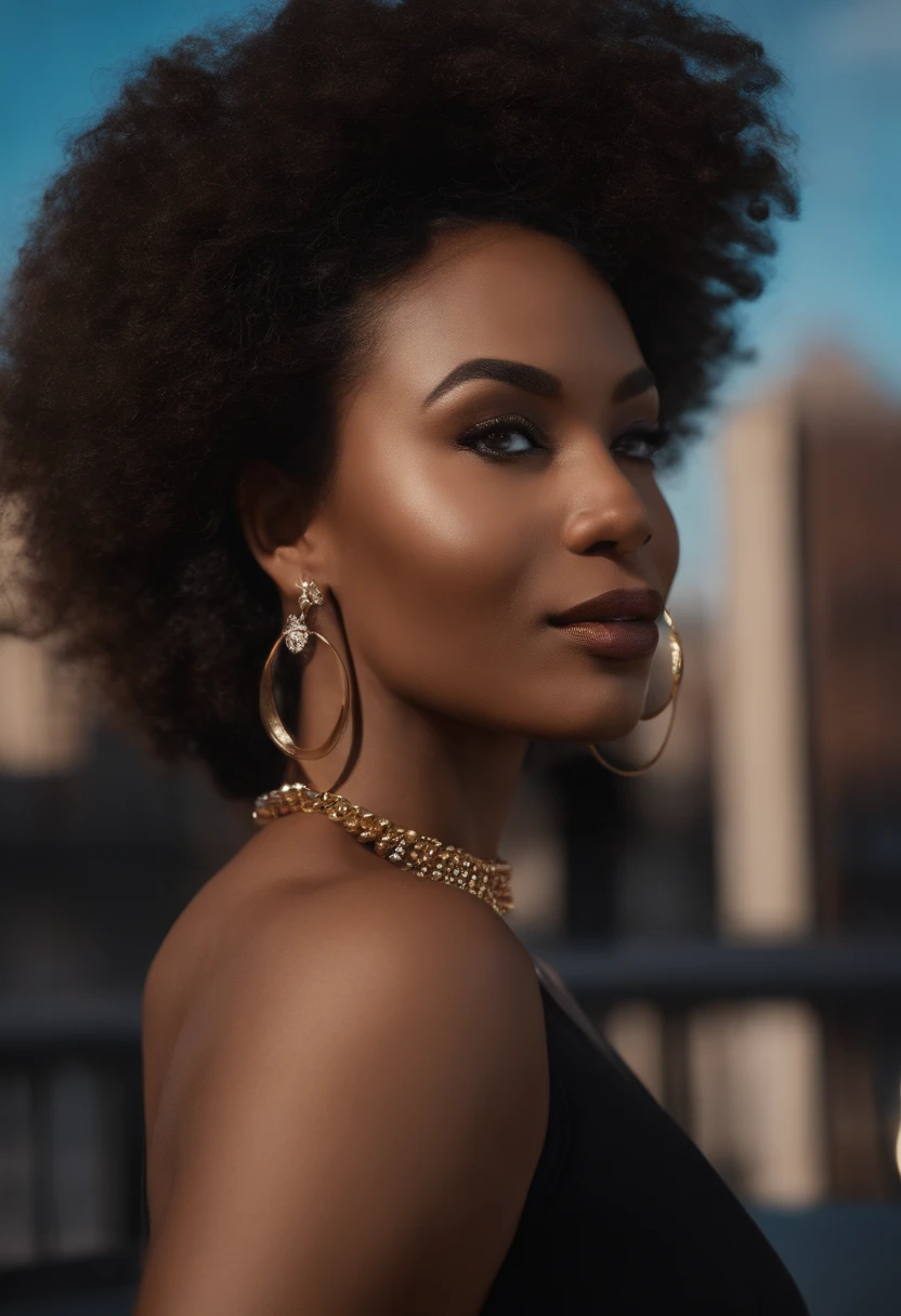 Ultra realistic, 4K, black hairs, (masterpiece, best quality), beautiful african woman who looks like Yababeth, detailed sleeveless turtleneck top, pants, necklace, wavy hair, perfect face, beautiful face, alluring, big gorgeous eyes, happy, hourglass figure (outdoor), city streets, new york, bright colors