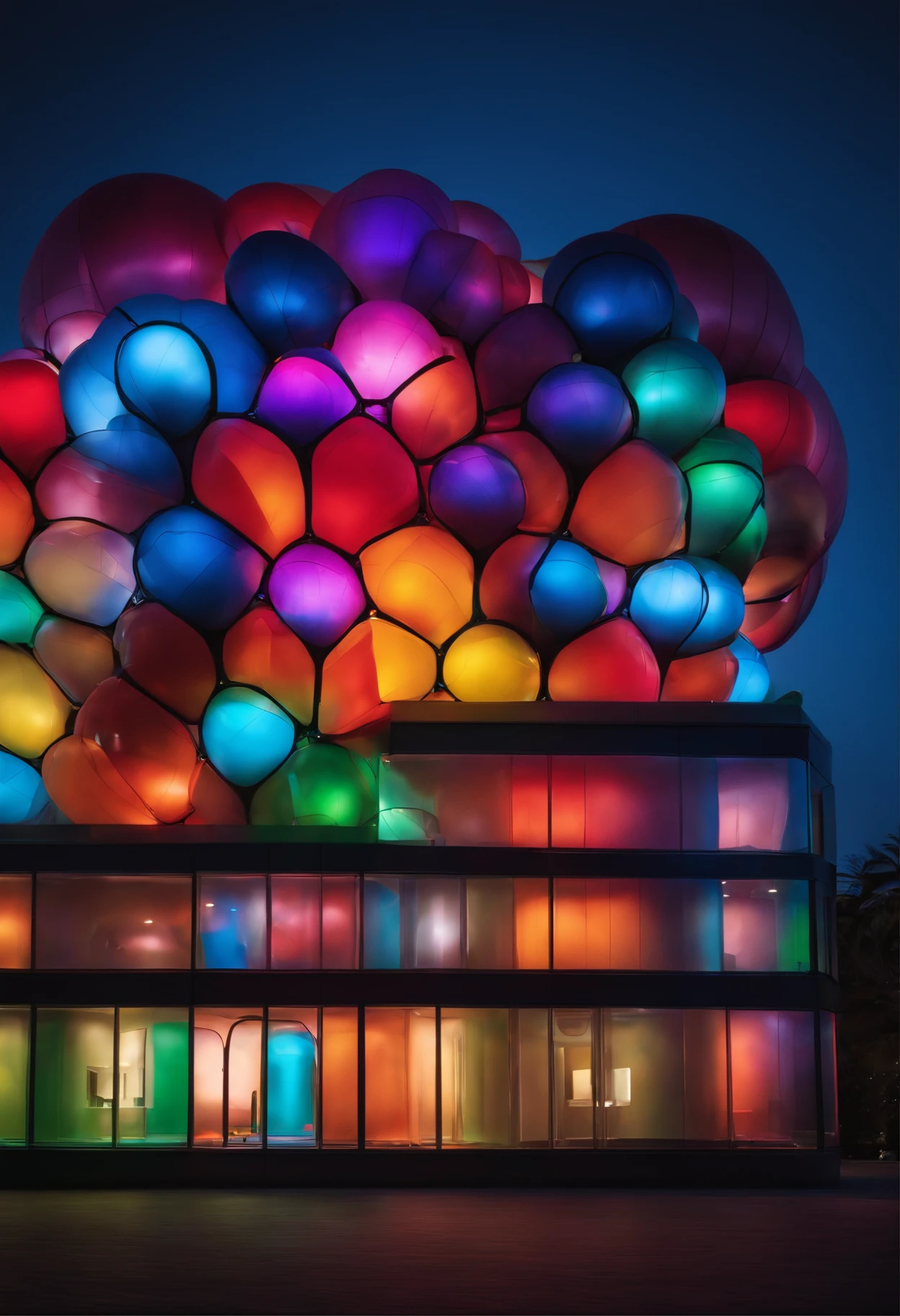 a futuristic building made from plastic like ballon of different colors. the walls have a transparency and light is coming from inside