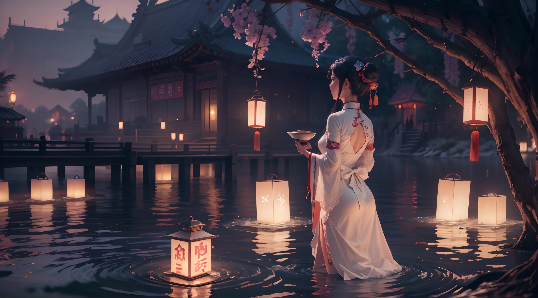 Masterpiece, otherworldly beauty, Surreal, Chinese Ghost Festival，Middle Metaverse，Riverside at dawn，A girl puts a lantern on the surface of the river by the river，Many lotus-shaped lanterns float on the water，Worship the souls of the dead, The mysterious aura of ghosts, 8K high resolution, smooth, Sharp focus, illustration, 64k, Ultra detailed, ultra-precise detail, bokeh lighting, Intricate, Epic