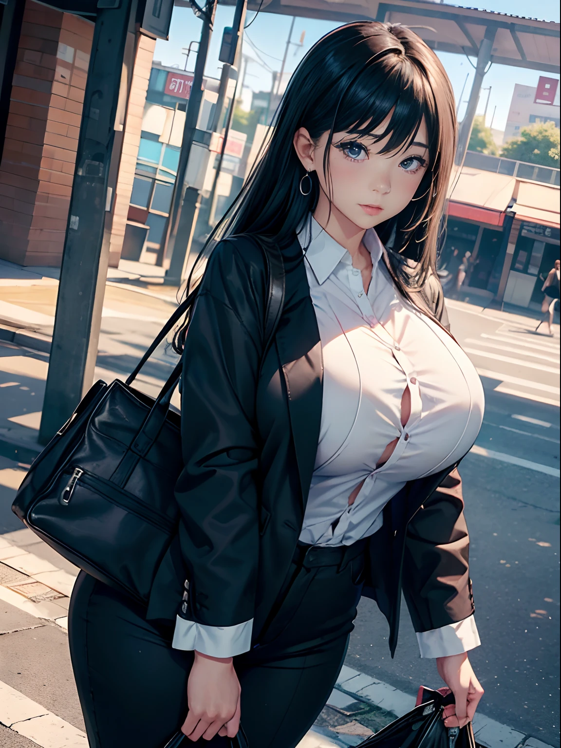 A teenage girl、(masterpiece:1.4)、(in 8K、realisitic、Raw photo、top-quality:1.4)、(Real Face:1.4)、(real looking skin:1.3)、超A high resolution、A hyper-realistic、Eyes in Beautiful Details、Black hair long hair、耳Nipple Ring、a secretary、officeworker、White collared shirt、Black pants、high detailing、(huge-breasted:1.5)、gargantilha、Blushing、Embarrassed look、alluring face、In front of the station、to stand、Business Bag