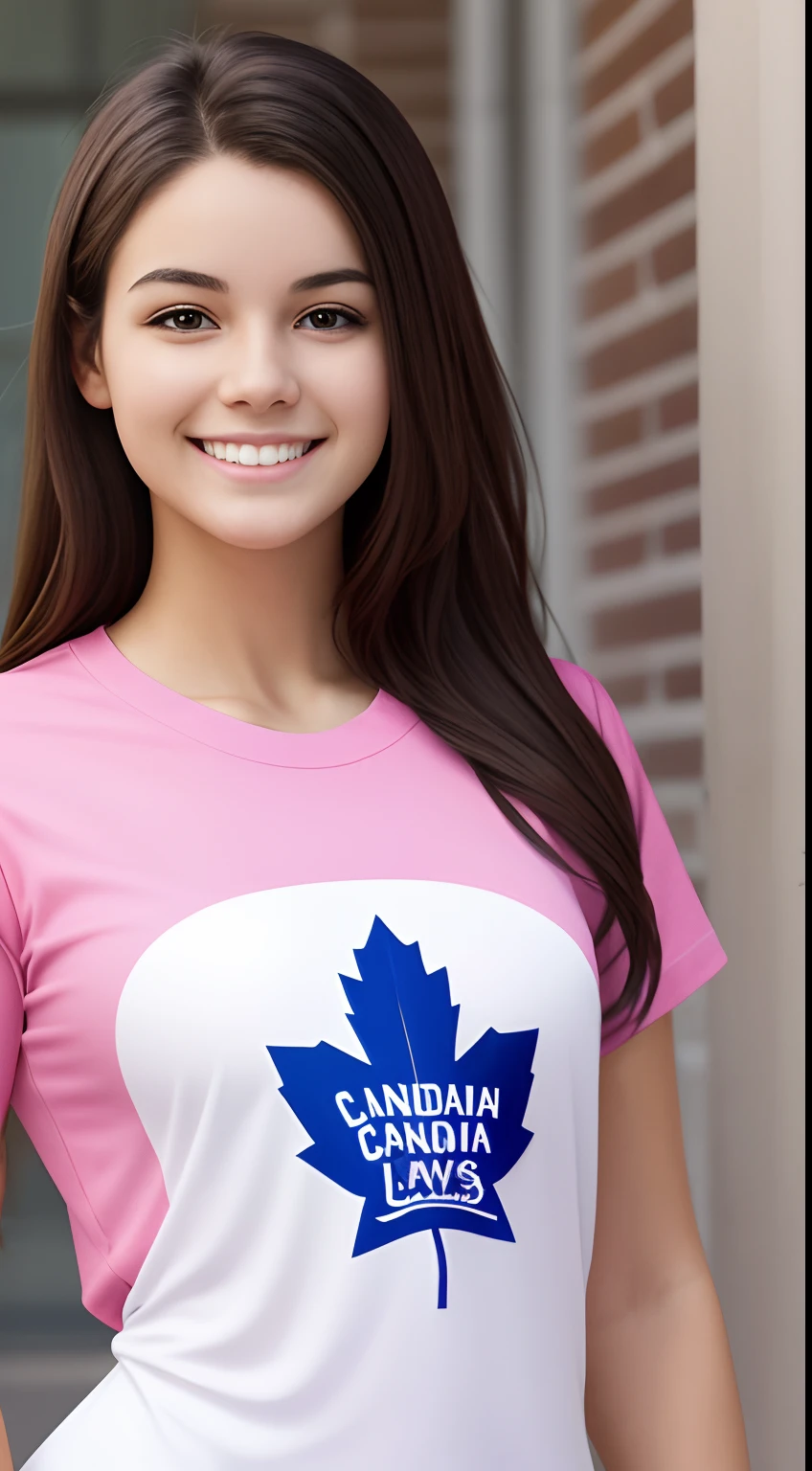 Canadian woman, 20 years old, wearing a pink Tshirt with the Toronto maple leafs logo and white leggings, smiling, (((realistic)))