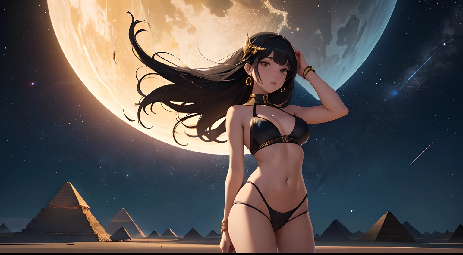 ((hiper-realista, fotorrealista, 8k, detalhes intrincados)) em perspectiva (Poses variadas), uma, jovem mulher morena cyberpunk, 19 anos, donzela do deserto, anjo do deserto cyberpunk, perfection, senhora das trevas, rainha do deserto, goddess of neon sands, Linda, medium breasts firm and yummy, fluttering black hair, olhos verdes intensos, pele morena suada (molhada) e sedosa (textura de pele ultradetalhada) usando um vestido indiano bege sexy, walking barefoot through a desert in Egypt (Detalhe de fundo, pyramids being hit by meteors, explodindo) ao entardecer (........neon light, ..lua, estrelas, open sky, profundidade de campo acentuada).An Egyptian girl, with very beautiful underwear, semi-naked, and fully naked, gold, white and black colors should be used in the underwear, desert space, full of pieces of beautiful stones and worked with great care.