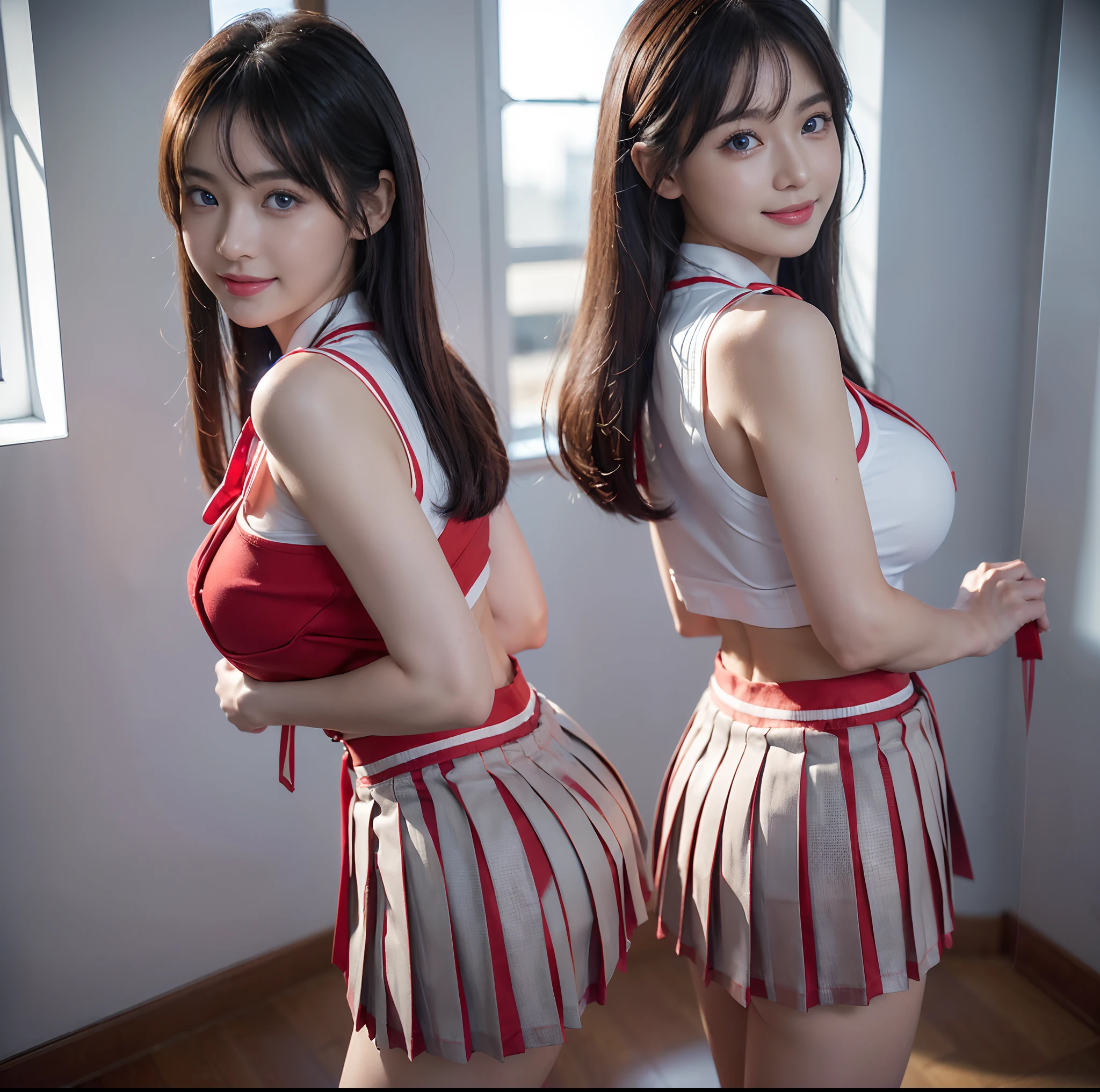 top-quality, 4K picture quality, ​masterpiece, (Professional lighting without shadows), A hyper-realistic, (perfect anatomia), Two girls, (Proudly stand in front of the camera、With a girl showing off a ribbon tie, The other girl on the other side is bending over、I'm sticking my butt out towards the camera), ( with perfect body、Huge breasts:1.2), Bright and even whitening skin without wrinkles and steps, (bright beautiful blue eyes with long eyelashes and red tear bags,,,,,、Reflects a lot of light:1.2)、 Half-up hair with bangs, (Her outfit is、Dress up tight fit cramped schoolgirl uniform with super short super mini pleated skirt:1.2), (Intricate design around the neck and crimson ribbon tie、Look proudly from the front), (Another girl on the other side、To beautifully emphasize the proud ultra mini pleated skirt、Showing off a pose with half of her buttocks exposed from directly behind:1.4), (Beautiful face squinting in dazzling light:1.2), (Squinted smile:1.4), Plump red teardrop bag,