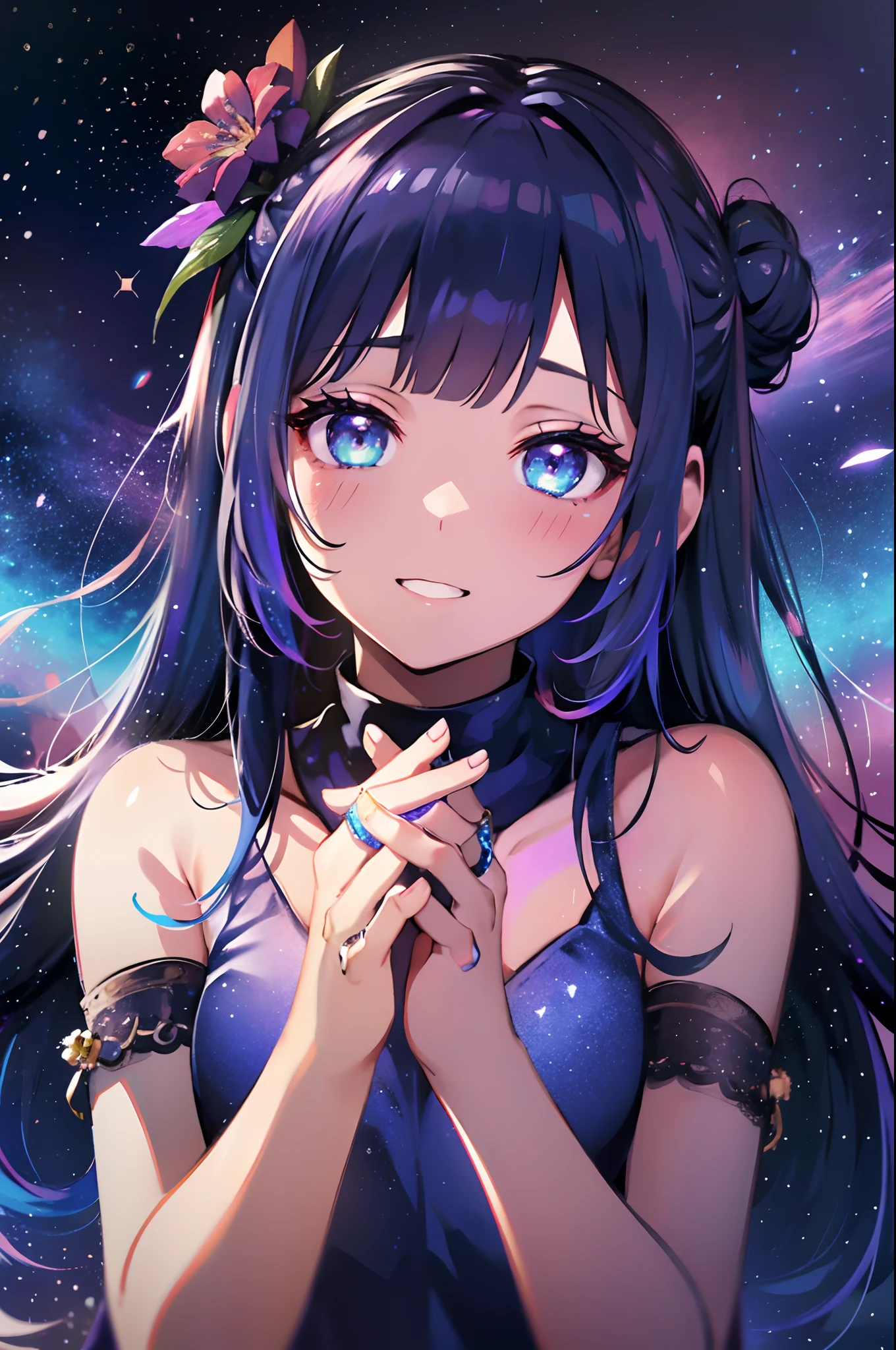 (masutepiece:1.3), Rich in pH 、1girl in、 Solo、(Best Quality:1.3), High resolution, Couboy Shot, on back,Superb view、(One Cute Girl:1.3), Solo, huge smile、A ring of iridescent angels hovers above my head、Big iridescent heart on background、Angel Ring、maid clothes、Eight-headed body、with full of stars、Meteor swarm、Beautiful cityscape、crouching down、Forehead、wide forehead、Model Standing、Bouquet of iridescent colors、holding flower bouquet、having with。Focus on eye brightness、yogapose、Purple hair, (bobhair:1.2), Mixed mesh and light blue、Bun hair, (Blunt bangs:1.2), Beautiful hair, Eyes are purple, Miraculous Eye、Close your eyes with all your might、Light from the eyes、Beautiful detailed eyes, ultradetailed eyes、Glitter eyes,from the rear、yoga、Colorful starry sky,Stars,Iridescent aura around the eyes、Raise your hand to stretch、Lie down and stick your hips out、Iridescent eyes、Narrowed eyes sucked in、Wearing a rainbow-colored aura from the whole body、 Shadow lighting,perfectbody