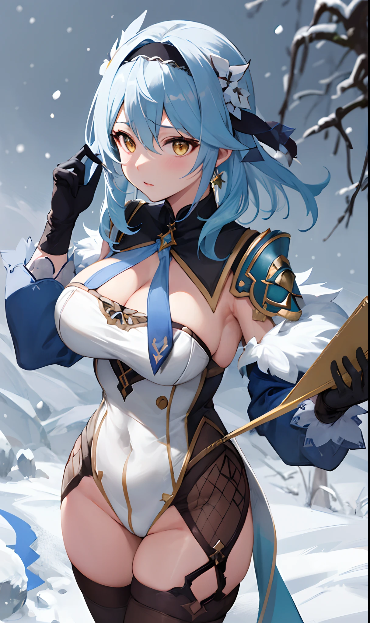 ((masterpiece, best quality)), (1girl),((mature female)), lightblue hair,thighhighs, hairband, thighs, long sleeves, gloves,  bangs, dark golden yellow eyes, medium hair, leotard, hair ornament, black hairband, shoulder cutout, black thighhighs, blue necktie, (large breasts:1.2), (busty),armpits, tying hair,curvy,cleavage,confident, [wide hips],snowing,nature, eula \(genshin impact\), pov