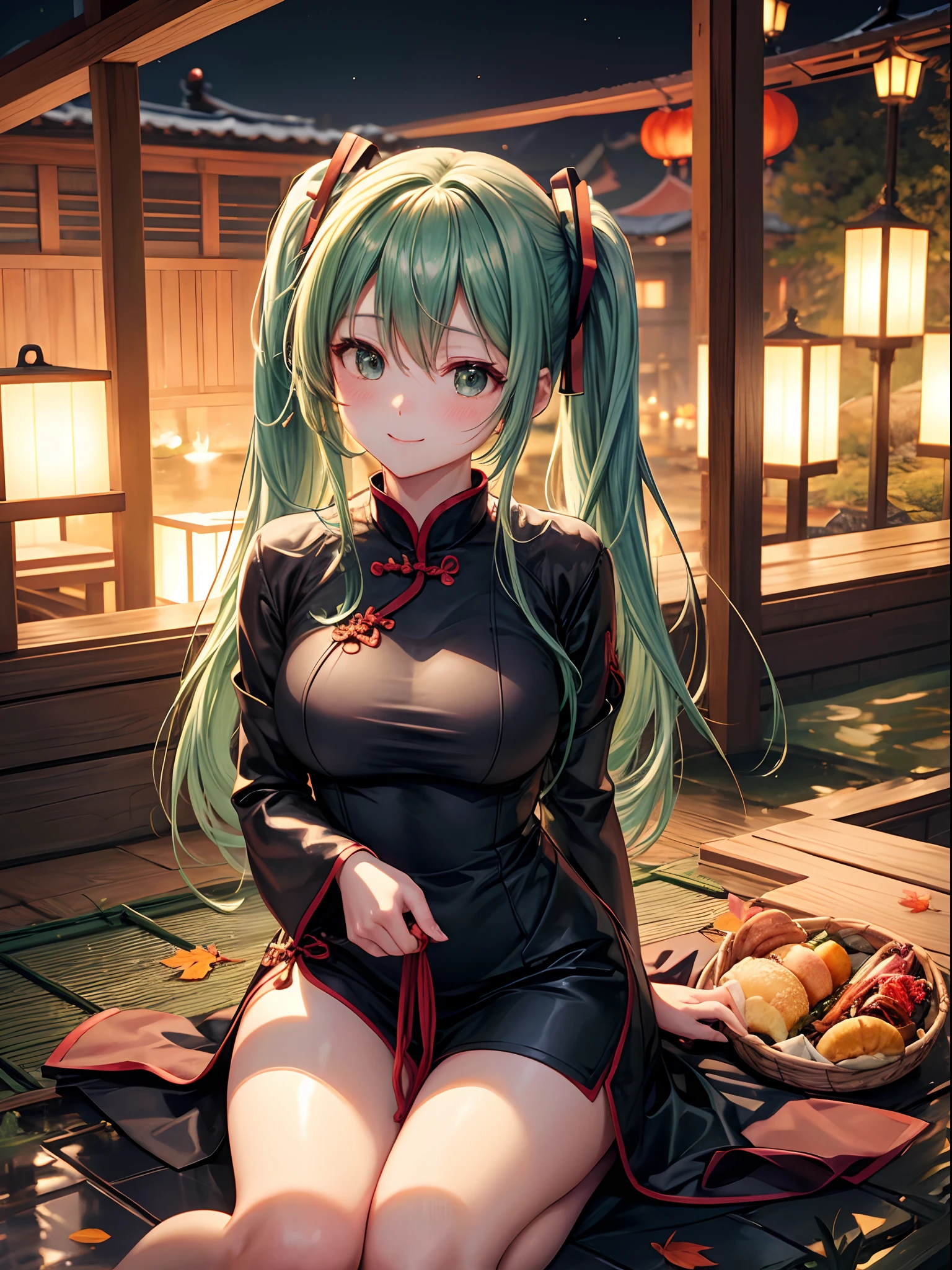 miku hatsune、green colored hair、Twin-tailed、On fallen leaves, Girl sitting on the throne, qipao dress、Wear black knee-high socks、a smile. She spreads her right hand forward. sitting on fallen leaves,,,,,,,. The background is vast, Admire breathtaking foliage views. She is a teenager, Extremely cute, Close one eye and smile. , Blushing cheeks, ・Forward bending posture. The ground is covered with fallen leaves. She winks with a twinkle in her eye, There is a flashing effect. She looks up with her gaze. hot onsen、Onsen at night、In terms of image quality, It must have the best quality, Requires 4K or 8K resolution, And become a masterpiece. Images need ultra-detailed elements, Be realistic or photorealistic, Has HDR, nffsw, Studio Lighting. Images must be ultra-fine, Sharp focus and physically based rendering. The colors are vivid、The overall tone should be based on the autumn season. Opening the basket、qipao dress、A smile、Eat meat buns、Halloween、Enjoy Chinese food、the kiss、