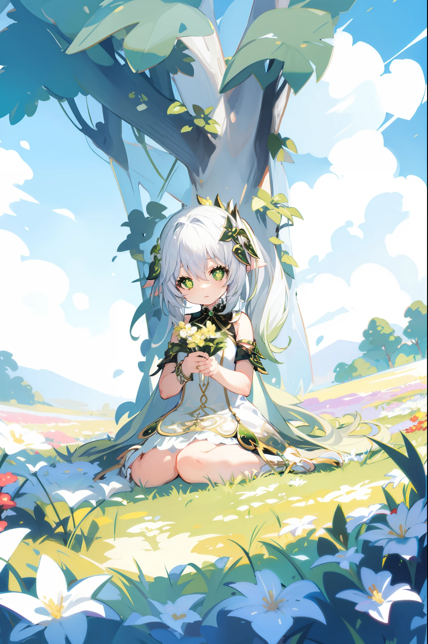 1 *********** solo, nahida_genshin, cross-shaped pupils, default_dress, white dress, white hair, green hair ornament, green cape, flower meadow, flowers, sitting on the flower field under the tree