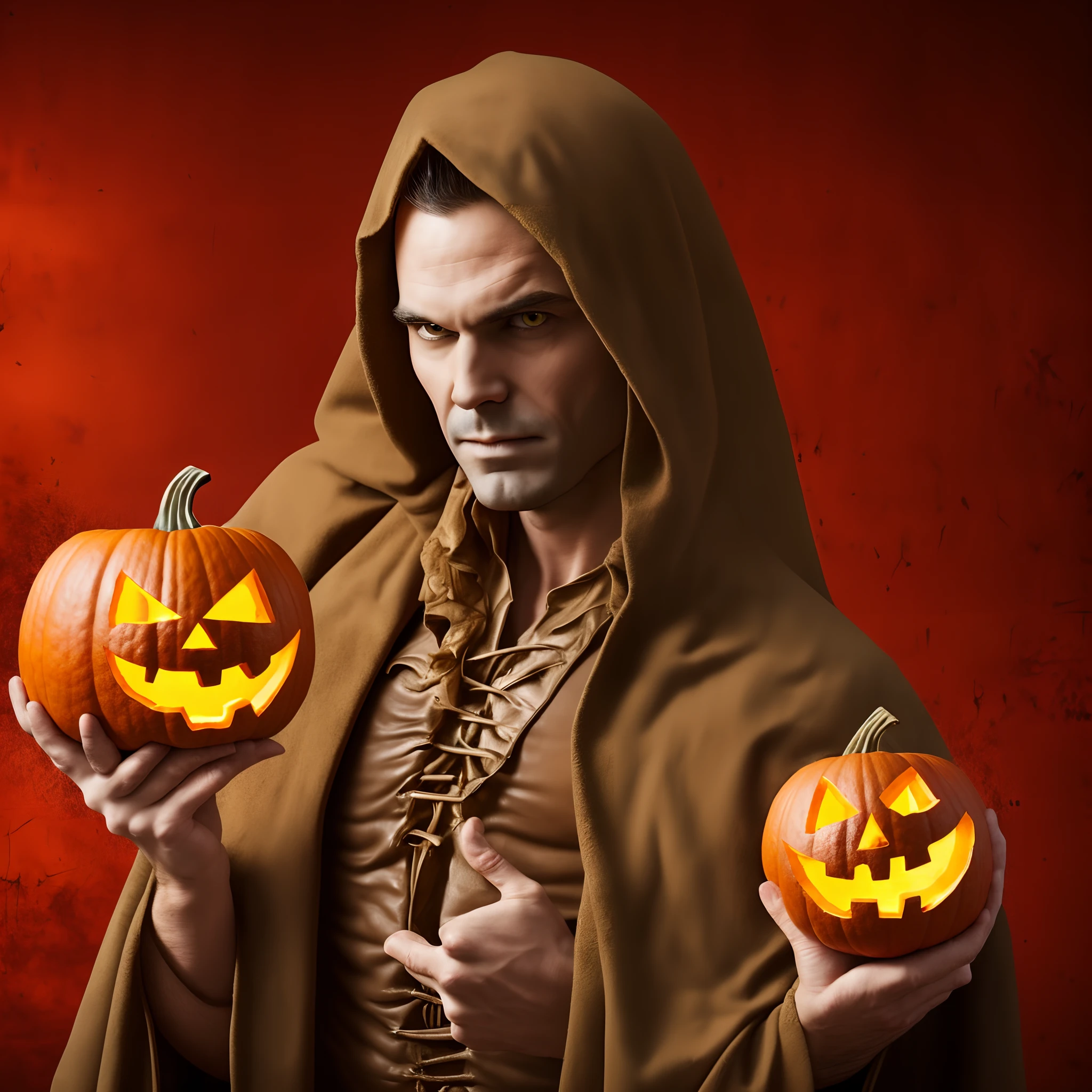 In a medieval Halloween background there is a male vampire who hands a carved Halloween pumpkin. --auto --s2