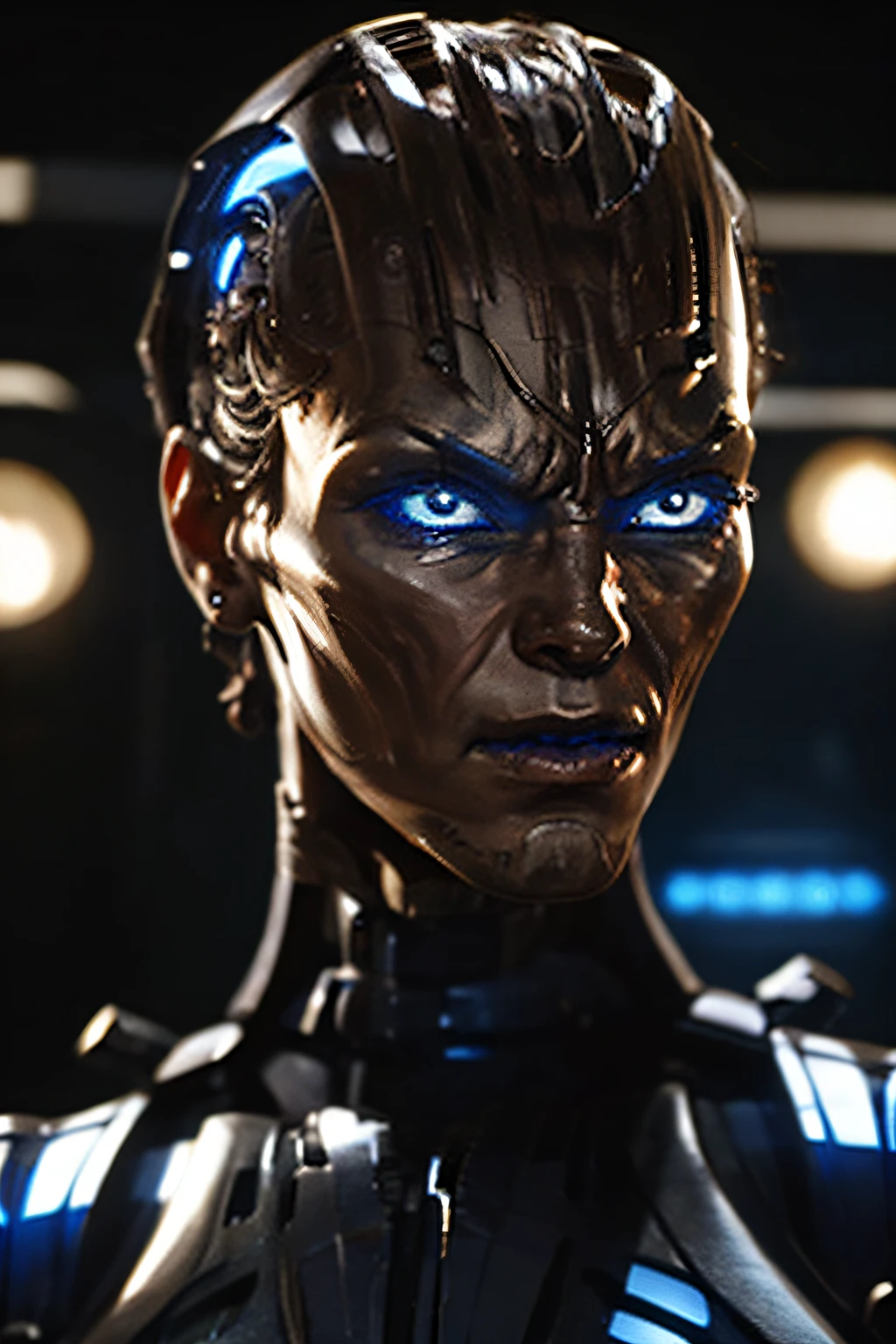 ultra realistic, very high quality, terminator 3, endoskeleton, T-X, glowing blue, cinematic, HD