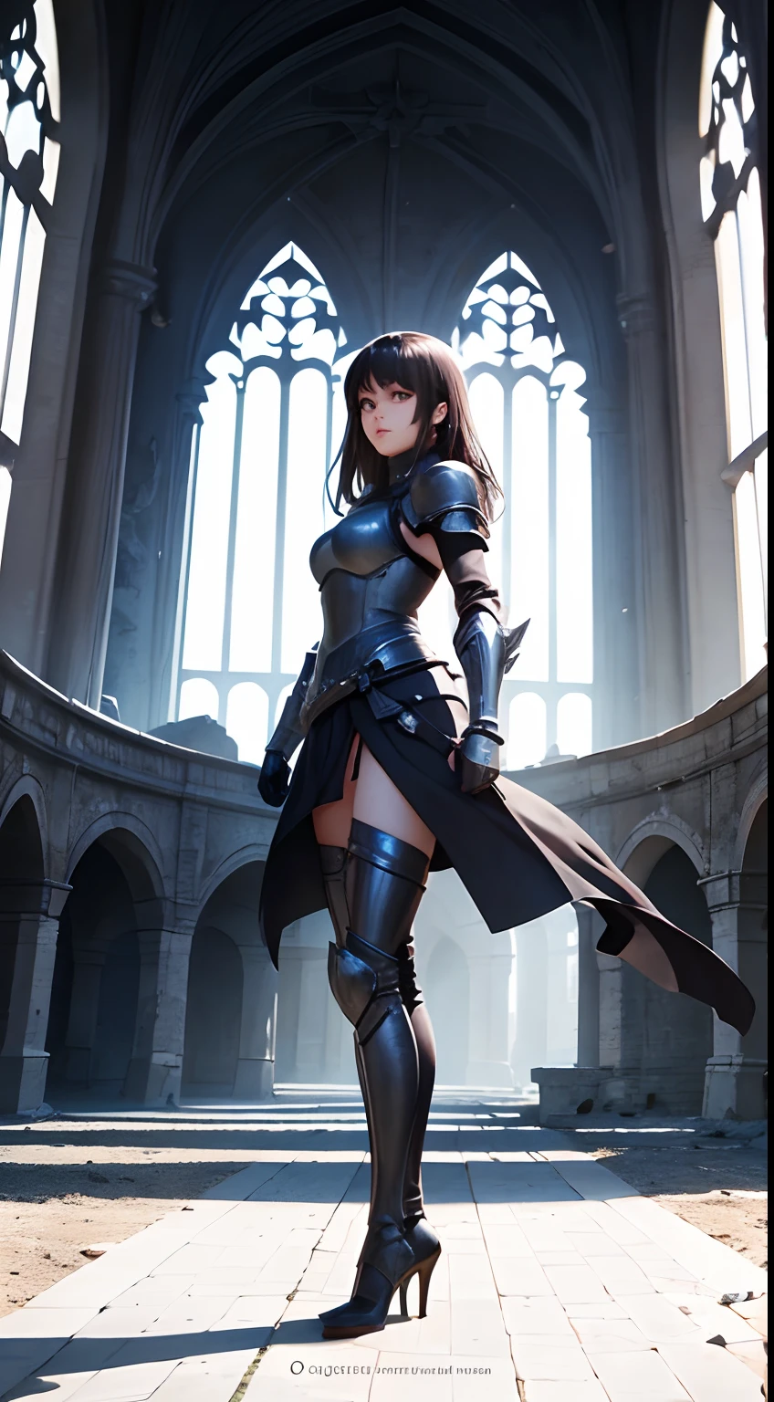Pretty women, 20yr old,a woman in armor,Solo,Ukrainian,Black Armor,high heels boots,Full body portrait,From Side,Female Warrior,Slender body,robe,Perfect face and nice perfect face, Surreal concept, 8K resolution, photographic quality, Walk through the ruins, Photorealistic,A detailed eye,Smile