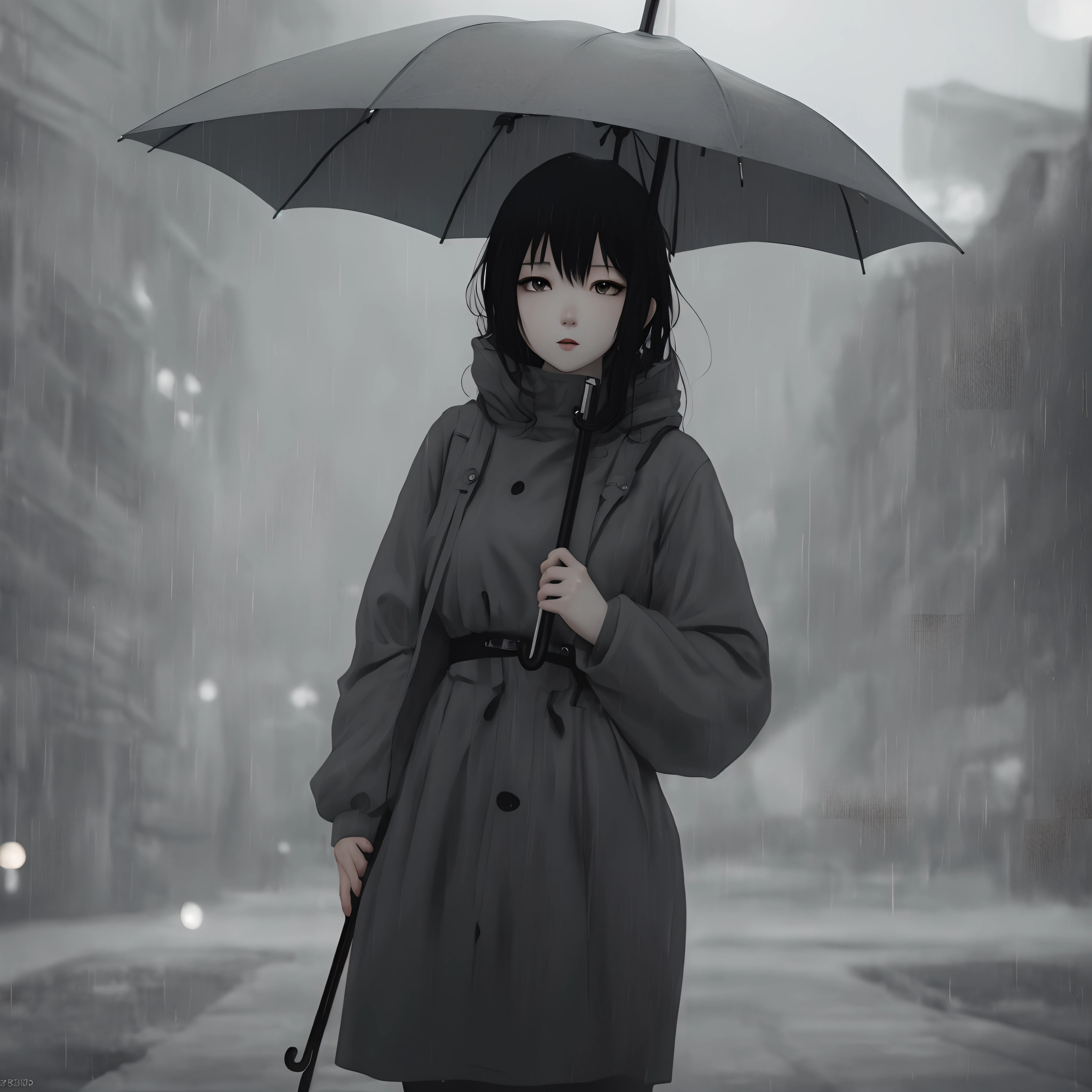 1920x1080, full hd, anime, waifu, Gray tones, The girl is standing sideways and holding an umbrella in her hands, Black hair, Grey Box, Sateen