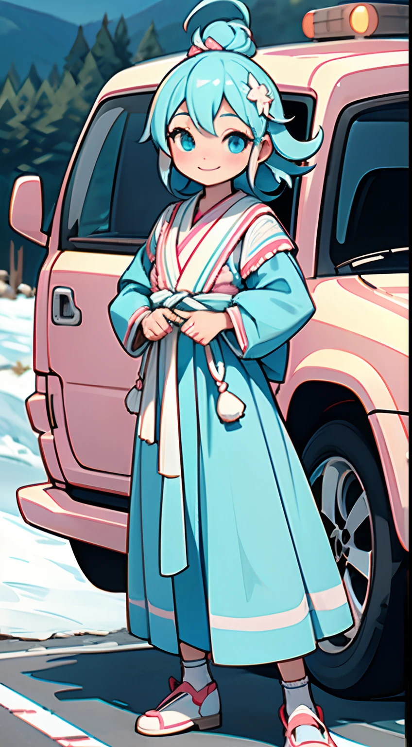 Octane Render、(Hyper-detailing: 1.15)、(Soft light、sharp: 1.2)、morning、 posing in front of colorful EV in mountain parking lot, Traditional costumes、Distinctive ethnic hair ornaments、Characteristic ethnic shoes、 Fuji Film, F/4.0, masutepiece, Anatomically correct、A smile, radiant light