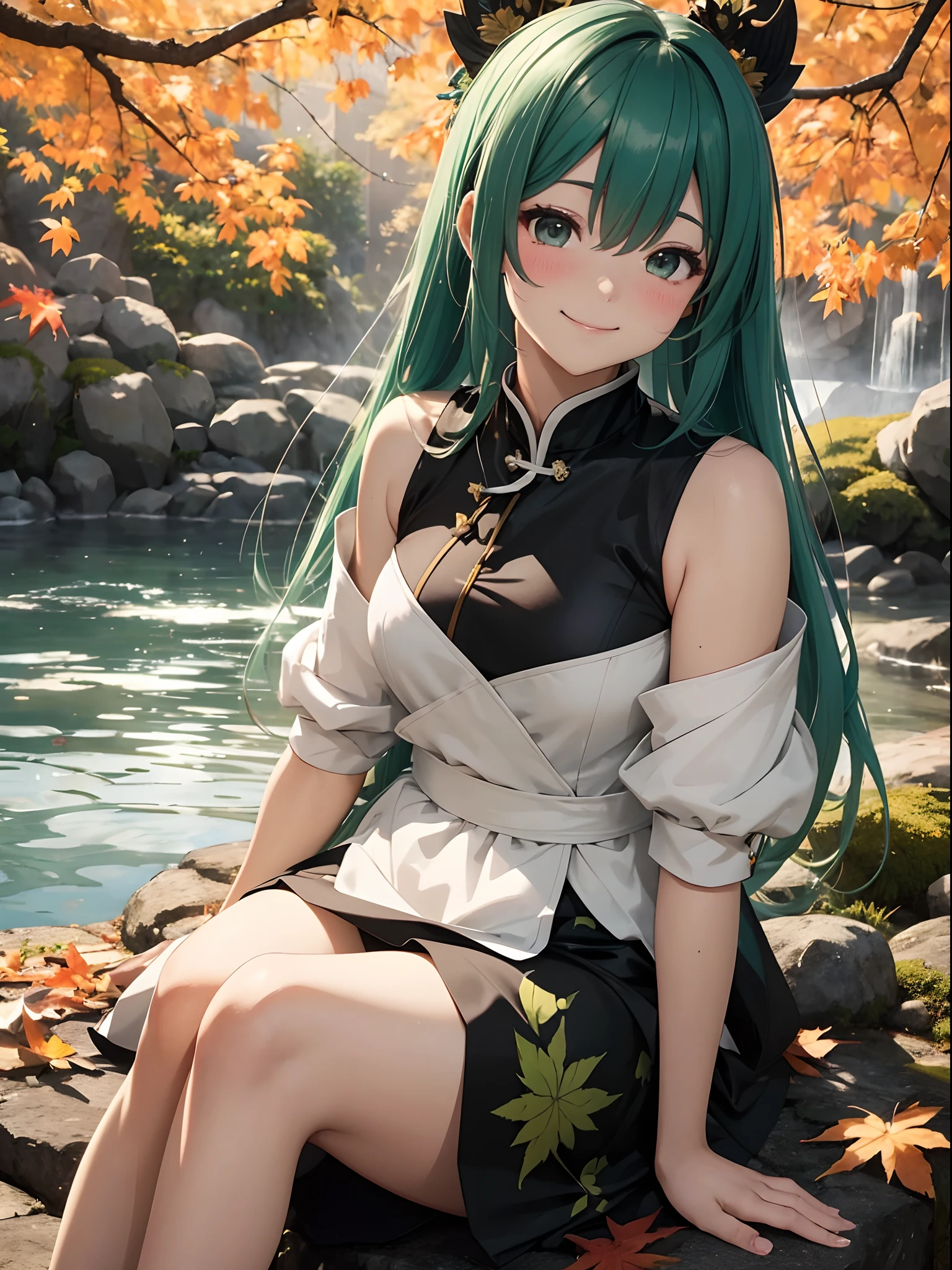 miku hatsune、green colored hair、Twin-tailed、On fallen leaves, Girl sitting on the throne, qipao dress、Wear black knee-high socks、A smile. She spreads her right hand forward. sitting on fallen leaves,,,,,,,,,,. The background is vast, Admire breathtaking foliage views. She is a teenager, Extremely cute, Close one eye and smile. , Blushing cheeks, ・Forward bending posture. The ground is covered with fallen leaves. She winks with a twinkle in her eye, There is a flashing effect. She looks up with her gaze. hot onsen、Onsen at night、In terms of image quality, It must have the best quality, Requires 4K or 8K resolution, And become a masterpiece. Images need ultra-detailed elements, Be realistic or photorealistic, Has HDR, nffsw, Studio Lighting. Images must be ultra-fine, Sharp focus and physically based rendering. The colors are vivid、The overall tone should be based on the autumn season. Opening the basket、qipao dress、A smile、Eat meat buns、Halloween、Enjoy Chinese food、the kiss、Pumpkin Halloween、Kamimei