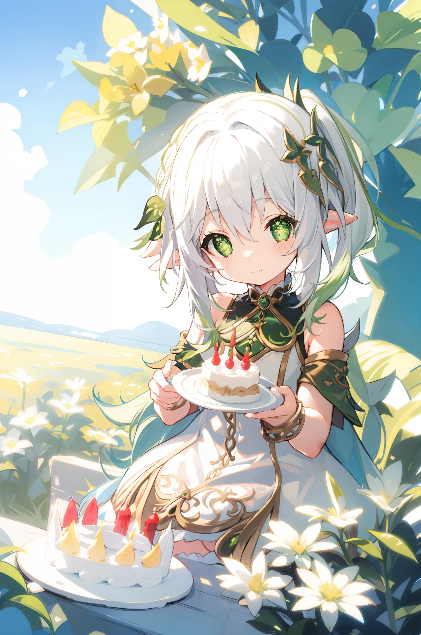 1 *********** solo, nahida_genshin, cross-shaped pupils, default_dress, white dress, white hair, green hair ornament, green cape, flower meadow, flowers, birthday cake,