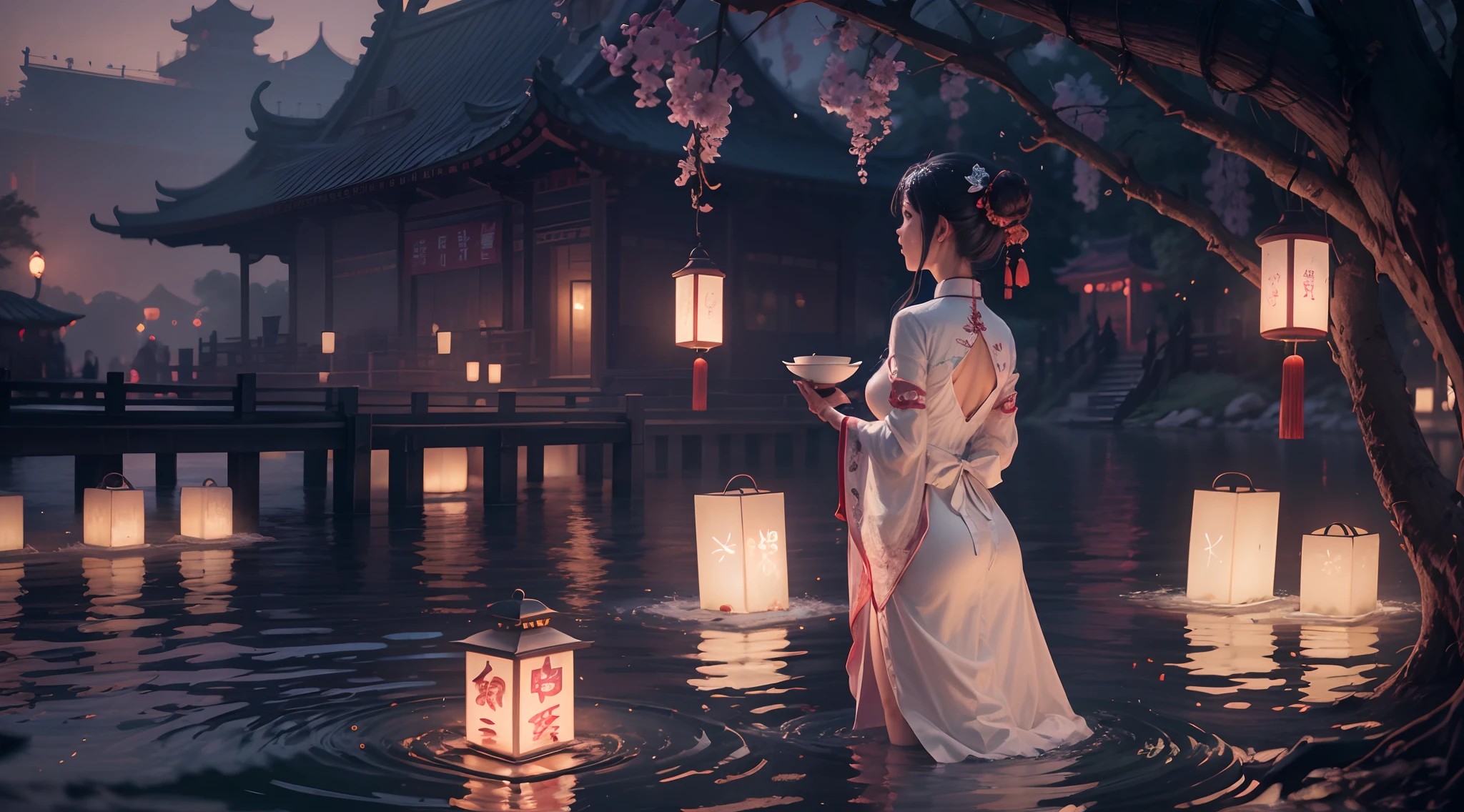 Masterpiece, otherworldly beauty, Surreal, Chinese Ghost Festival,Middle Metaverse,Riverside at dawn,A girl puts a lantern on the surface of the river by the river,Many lotus-shaped lanterns float on the water,Worship the souls of the dead, The mysterious aura of ghosts, 8K high resolution, smooth, Sharp focus, illustration, 64k, Ultra detailed, ultra-precise detail, bokeh lighting, Intricate, Epic