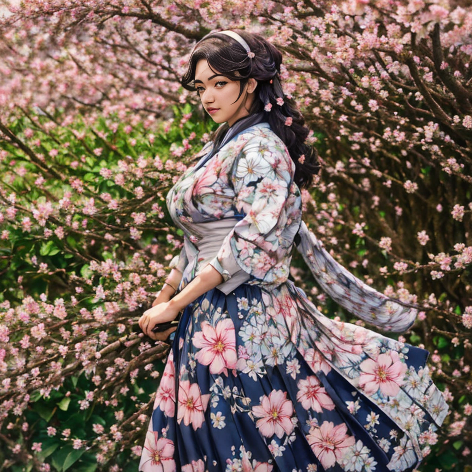 Impacto Genshin, Kamisato Ayaka Caminhando, sakura trees, flor de cerejeira, segurando guarda-chuva, Beautiful, Highly detailed scenery, Pescador