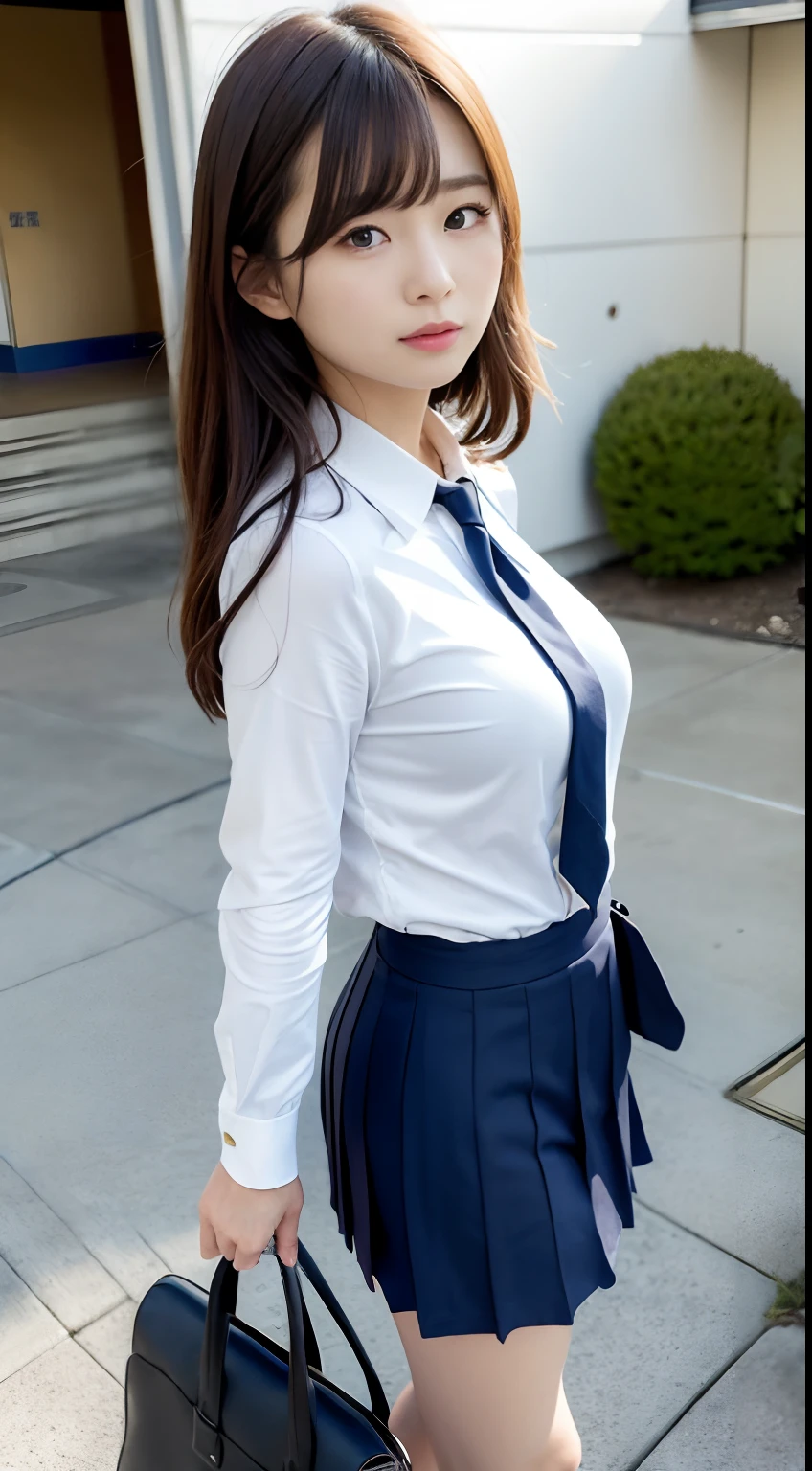 mix4, (16 K, Raw photography, Top image quality, ​masterpiece: 1.45), (realisitic, Photorealsitic: 1.37), one girls, cute little, A city scape,, profetional lighting, photon maping, School Grounds, physically-based renderingt, dark brown  hair,pony tail hairstyle, a handsome, Well-groomed and beautiful eyes、二重まぶた、girl with, (((School Uniform Blazer、Long sleeve shirt worn by Japan high school girl、Cardigan、neck tie、Dark blue mini skirt,、Dark blue socks、Black loafers))), Top Quality Photos, hight resolution, 1080p, (clearface), (Detailed face description), (Detailed hand description), (​masterpiece), (Exquisite CG)、extreme light and shadows、dishevled hair、master work、abundant detail、(Fine facial features)、(top quality photo)、(masuter piece)、(A detailed eye)、Look in front of you、Fine clavicle、((Slender big))、(((Japan schoolgirl wears a long-sleeved shirt)))、((Neat and clean idol))、((school ground、Entrance to the school building、In front of the school gate))、(Shooting from random perspectives)、(((Anyway cute)))、耳?????? Ring、A big smile、Drawing the whole body from the knees、Do not draw nasolabial folds、(((Sports bags used by Japan schoolgirls)))、(Big breasts that hang down big:1.2)、Big buttocks with tension、Two arms and two legs、(((from the front side:0.4)))、bare hand、Left and right symmetrical eyes、