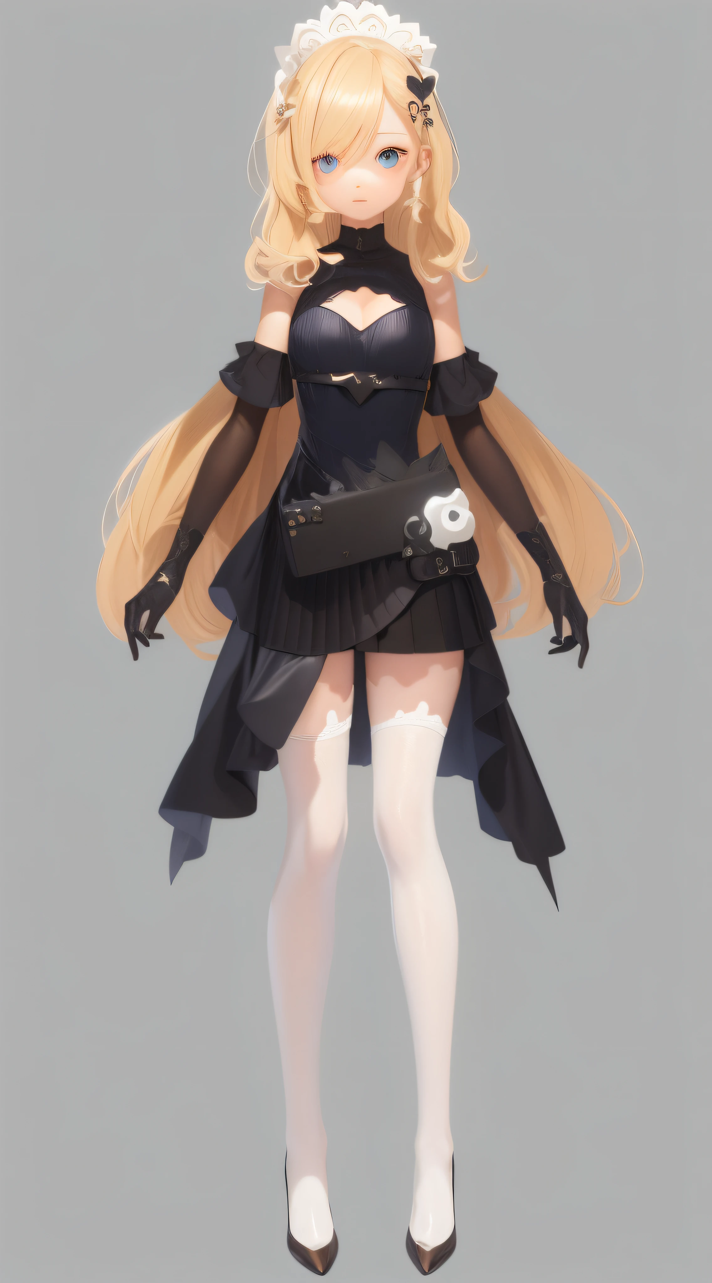 Girl with long blonde hair, A white shirt stands in front of a white background, Gun in hand, 1 girl, Blonde hair, Breasts, controller, Whole body, mitts, Long hair, Looking at the audience, Close one eye, Pleated skirt, school uniform, shokuhou misaki, short- sleeved, Skirt, Solo, sweater vest, pupils in symbol shapes, upper legs, Transparent background, White gloves, White leg suit, Yellow eyes, zettai ryouiki