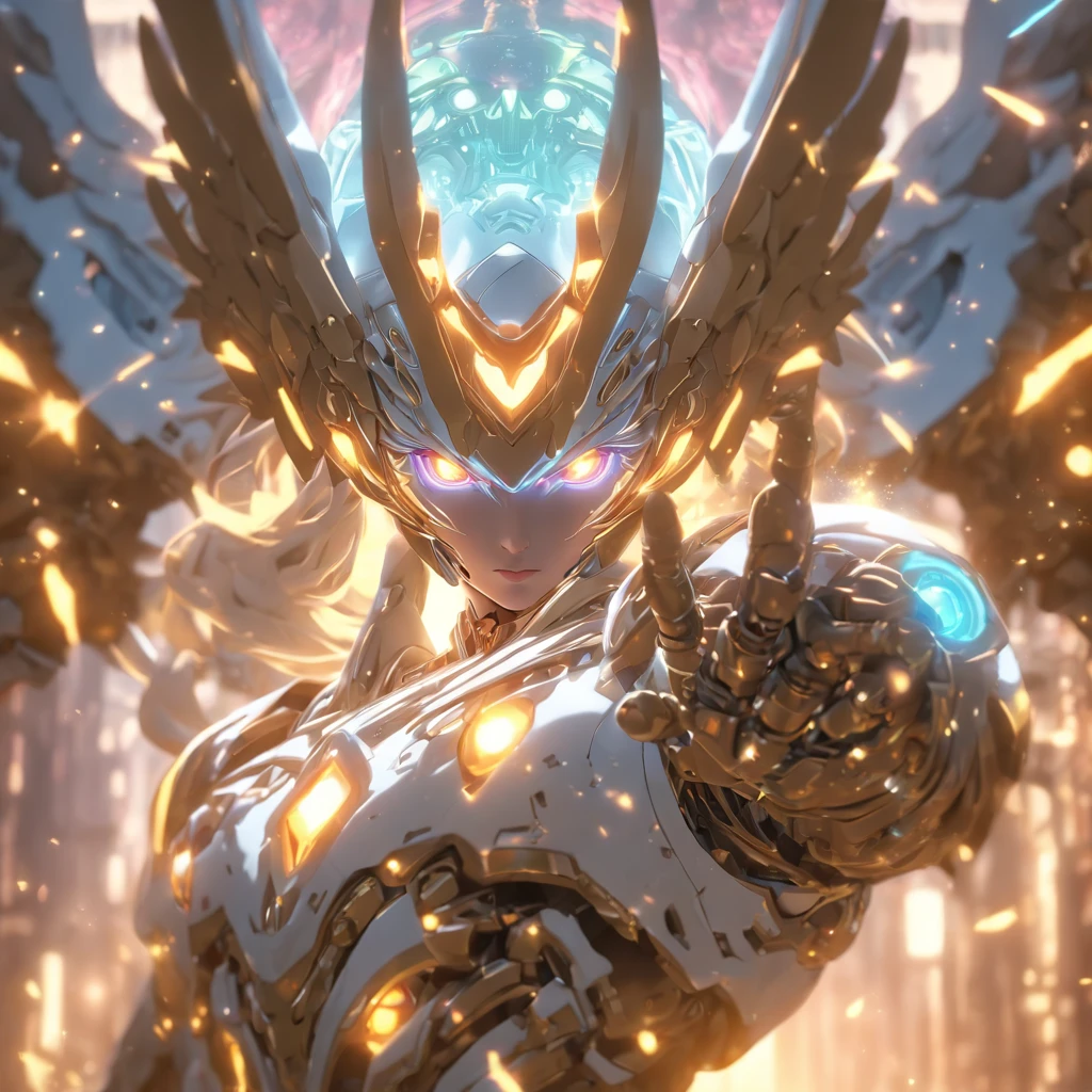 (Cowboy Shot:1.2),(Wide angle shot), (longshot:1.3), (Intricate details:1.4), (masutepiece) , ((anime robots, Beautiful Golem, ((White skin)), Angel, 1girl in, Magic)), (Perfect aesthetic eye:1.3) , (Detailed eyes) , (Halo:1.2) , (elden ring:1.3), (mechanical wings), (Wings:1.3), blazing, twin-tail hair, multicolored hair, (Perfect hands:1.1), (Anatomically correct body:1.4), (Perfect face), Majestic Guardian Night | Ultra-detailed robotic armor | Cinematic lighting | Complex filigree metal design | 16 K | unreal enginee 5 | Octane Render | 。.3D, (Anatomically correct :1.4), (Holographic Hyperspace Metaverse 50mm, ultra-detailliert, Fantasy background, blush, Solo), (Fighting stance:1.3), (Magic Circle:1.3), Lightning Effect, (Ray tracing), A showing your abilities.i., (Glowing eyes) , (Luminous particles) , 16k race wallpaper, Robotic scalpel,