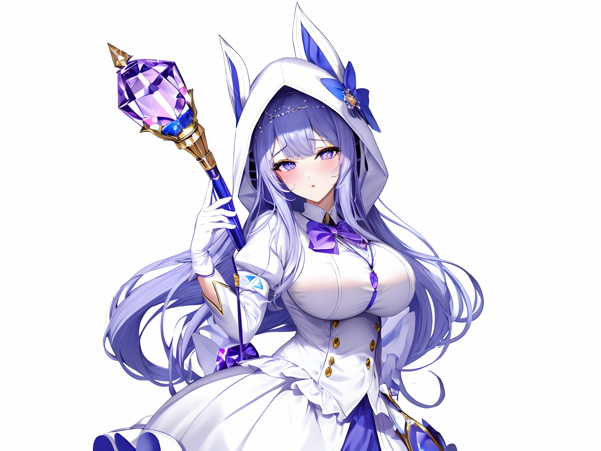 (Best quality,4K,8K,A high resolution,Masterpiece:1.2)((my)),huge tit,blue hairs,Blue and white skirt,Hand in his hand is a golden straight scepter,Deep purple pupils,Pink and white bow,a matural female,Purple crystal aura,white clothes,clothes torn,White hood,Tear mole at the corner of the right eye,white stockings,goddes,face expressionless,White gloves
