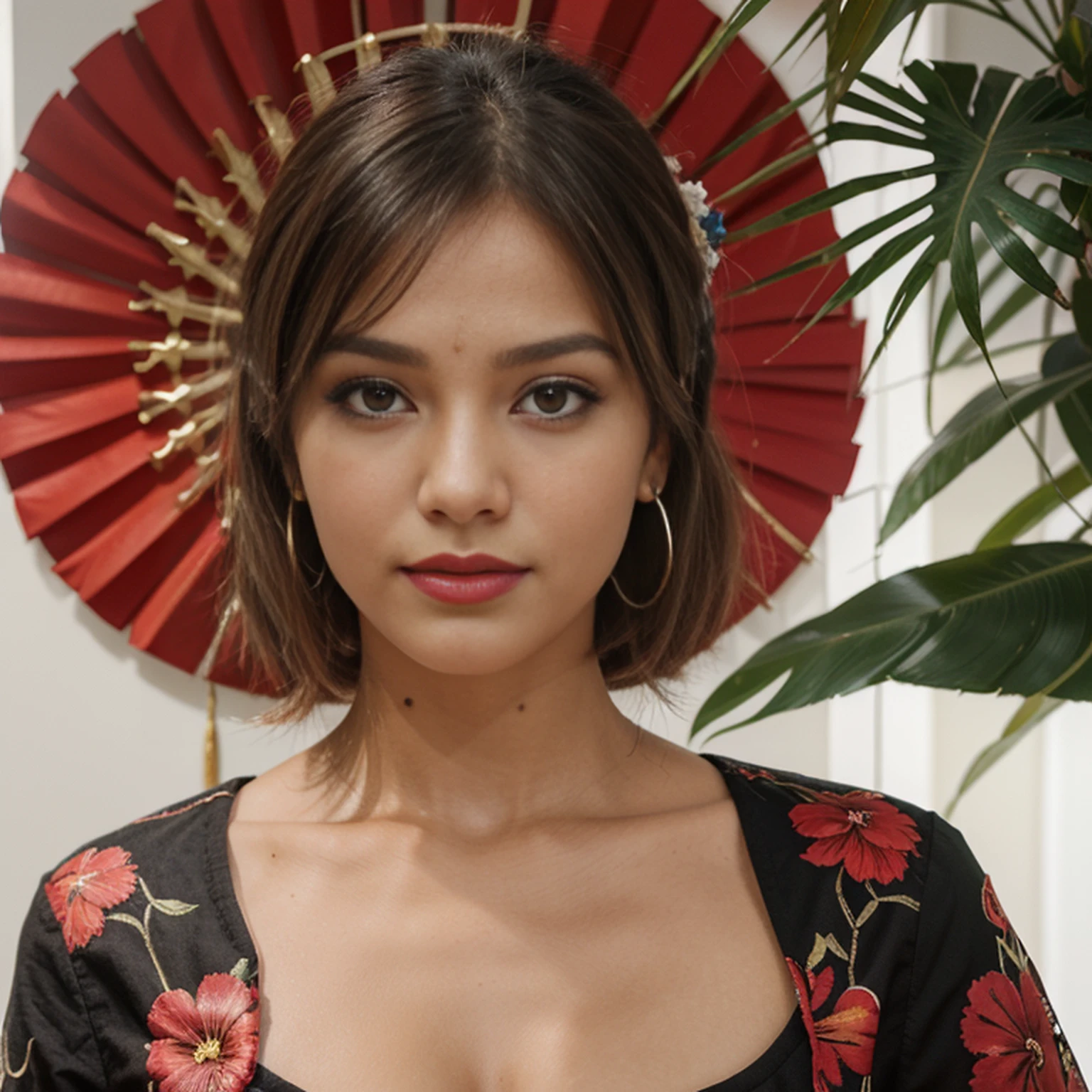 pintar_Estilo, 1girl, sozinho, Olhando para o Viewer, cabelos pretos, ornamento de cabelo, mangas compridas, vestir, propriedade, olhos castanhos, jewelries, parte superior do corpo, flor, Brincos, Flor do cabelo, mangas largas, colar, Petals, maquiagema, Rosa, Roupas chinesas, batom, fundo preto, flor vermelha, gema, segurando flor, red lips