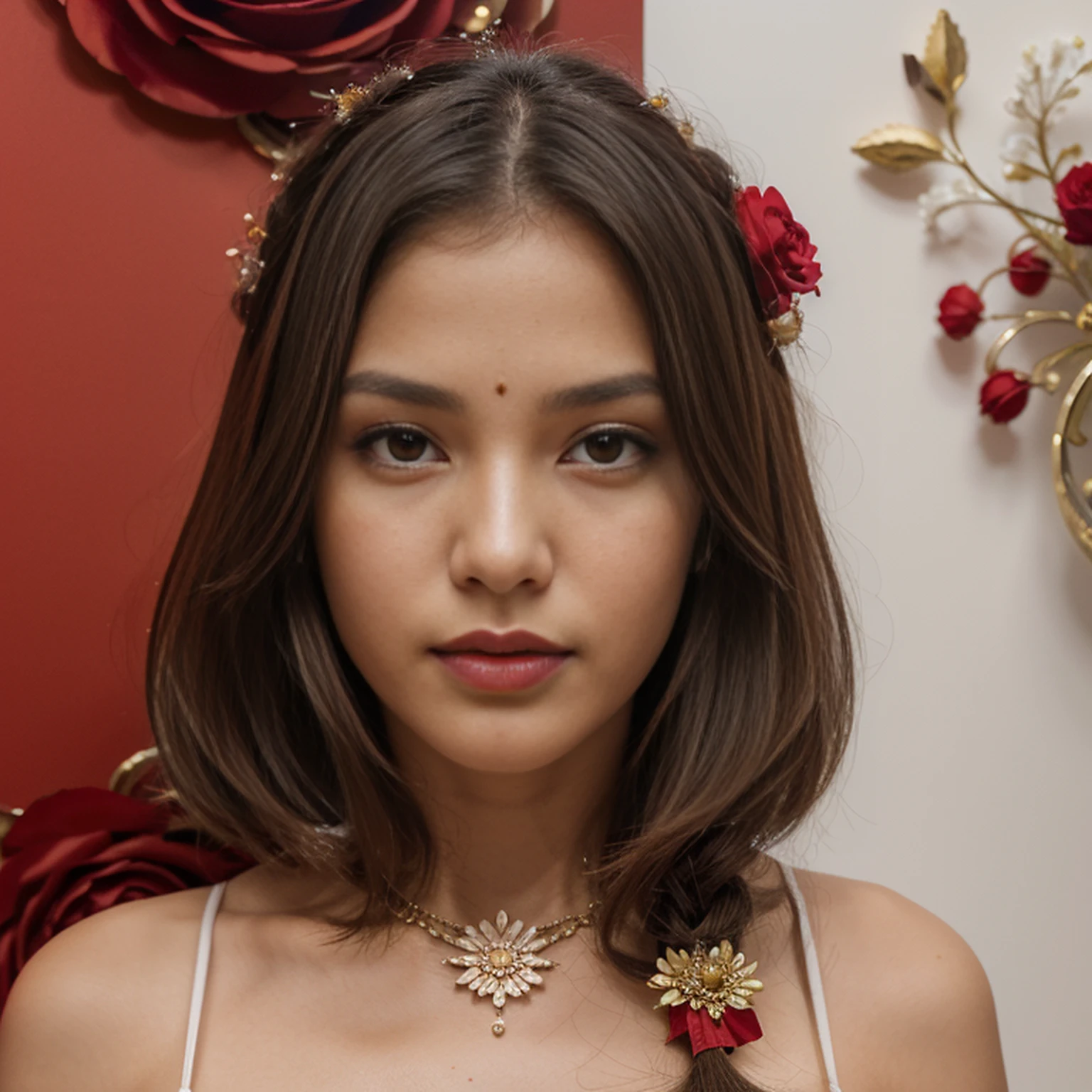 pintar_Estilo, 1girl, sozinho, Olhando para o Viewer, cabelos pretos, ornamento de cabelo, mangas compridas, vestir, propriedade, olhos castanhos, jewelries, parte superior do corpo, flor, Brincos, Flor do cabelo, mangas largas, colar, Petals, maquiagema, Rosa, Roupas chinesas, batom, fundo preto, flor vermelha, gema, segurando flor, red lips