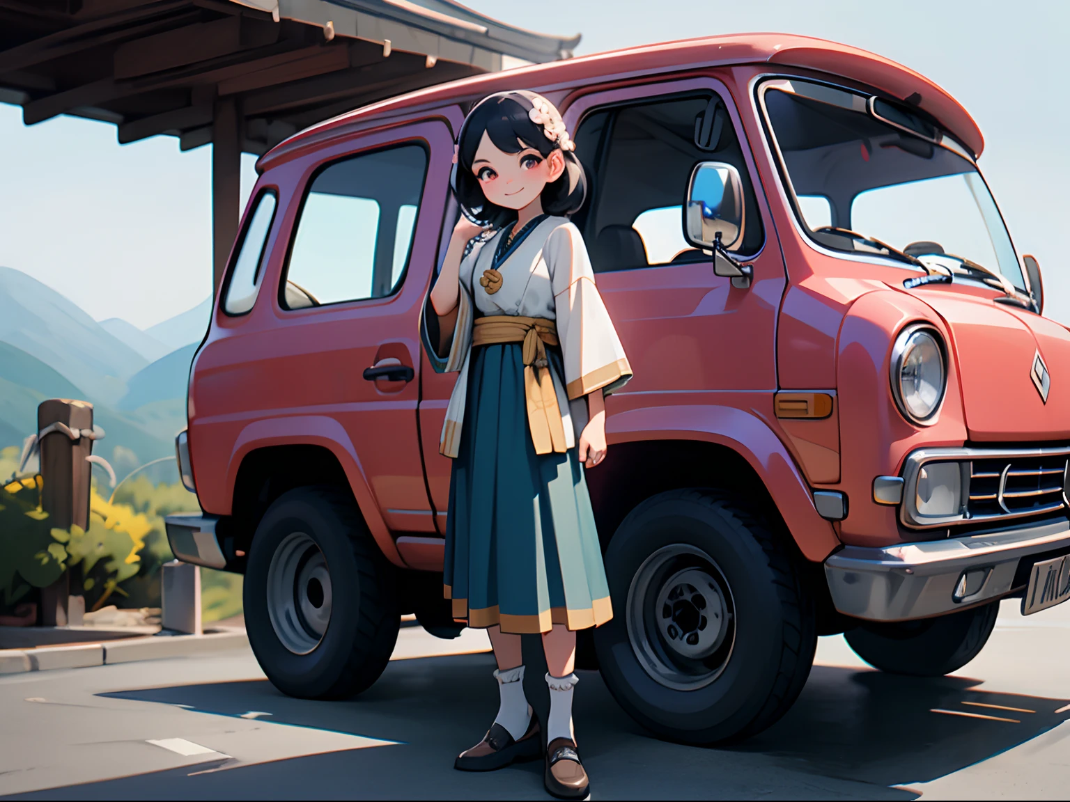 Octane Render、(Hyper-detailing: 1.15)、(Soft light、sharp: 1.2)、morning、 posing in front of colorful EV in mountain parking lot, Traditional costumes、Distinctive ethnic hair ornaments、Characteristic ethnic shoes、 Fuji Film, F/4.0, masutepiece, Anatomically correct、A smile, radiant light