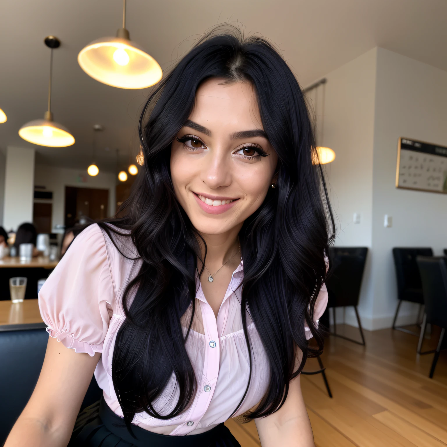 (selfie photo of a 35y.o. woman:1.2), dim lit, (sitting, inside cafe:1.1), (medium breasts:1.3), (smiling:1.1), (high detailed skin:1.0), detailed eyes, 8k uhd, dslr, soft lighting, best quality, film grain, (skinny:1.2), (wearing blouse and skirt:1.2), (pastel goth style:1.1), long hair, Blowout hair, (wavy hair:1.1), (black hair:1.2), (oily hair:0.8), (eyeliner:1.1), beauty marks, (italian woman:1.2) long hair