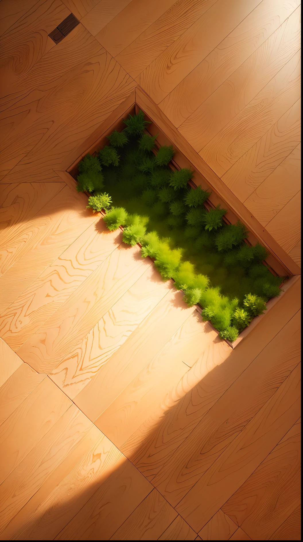 Create me a parquet floor background seen from above to sell a garment, I want vegetation around it