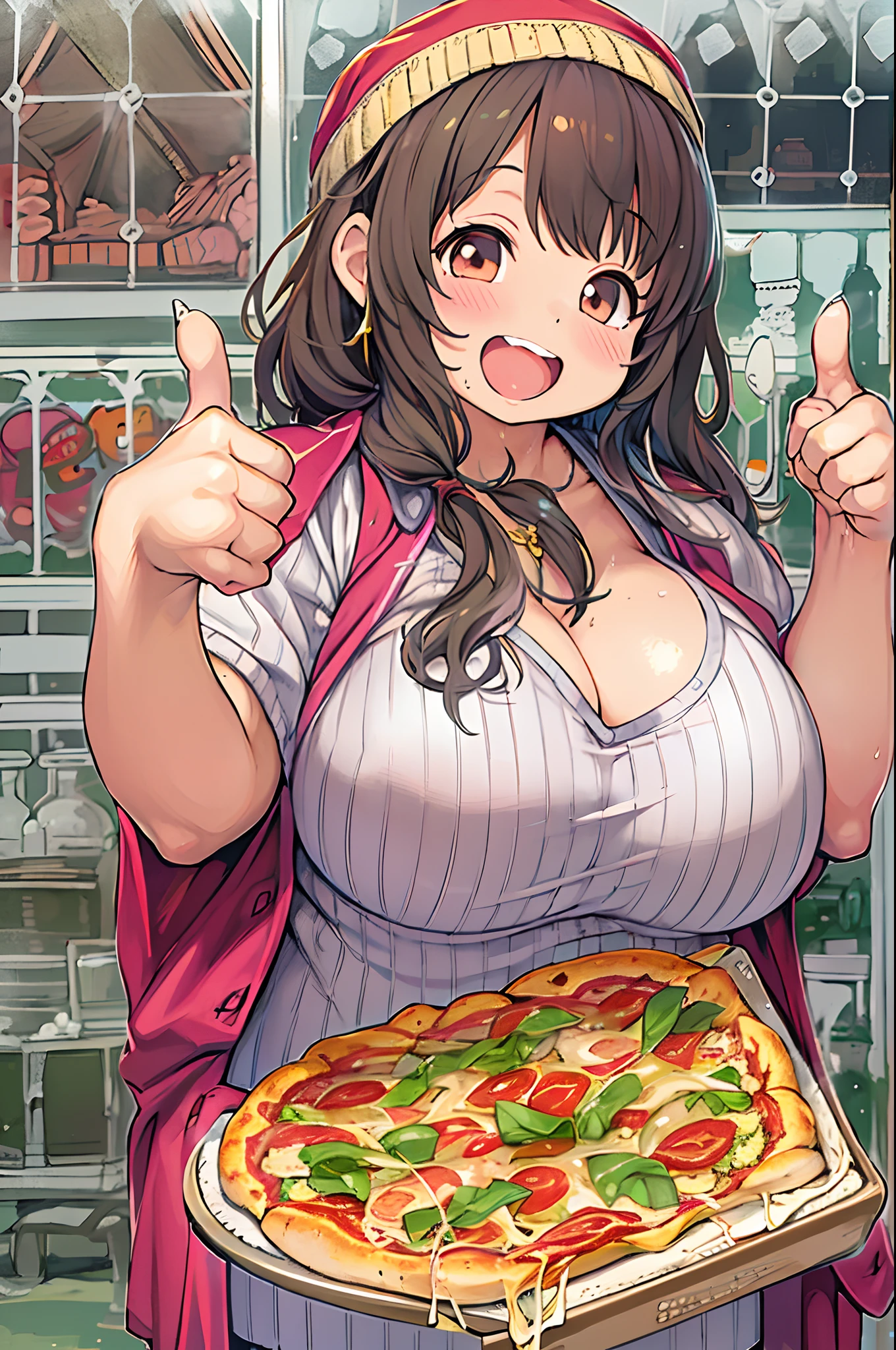 masutepiece, Best Quality, 1人、huge-breasted、bbw、Holding (Giant pizza slices)1.5、Thumbs up、huge smile、Plastic bottles of cola、