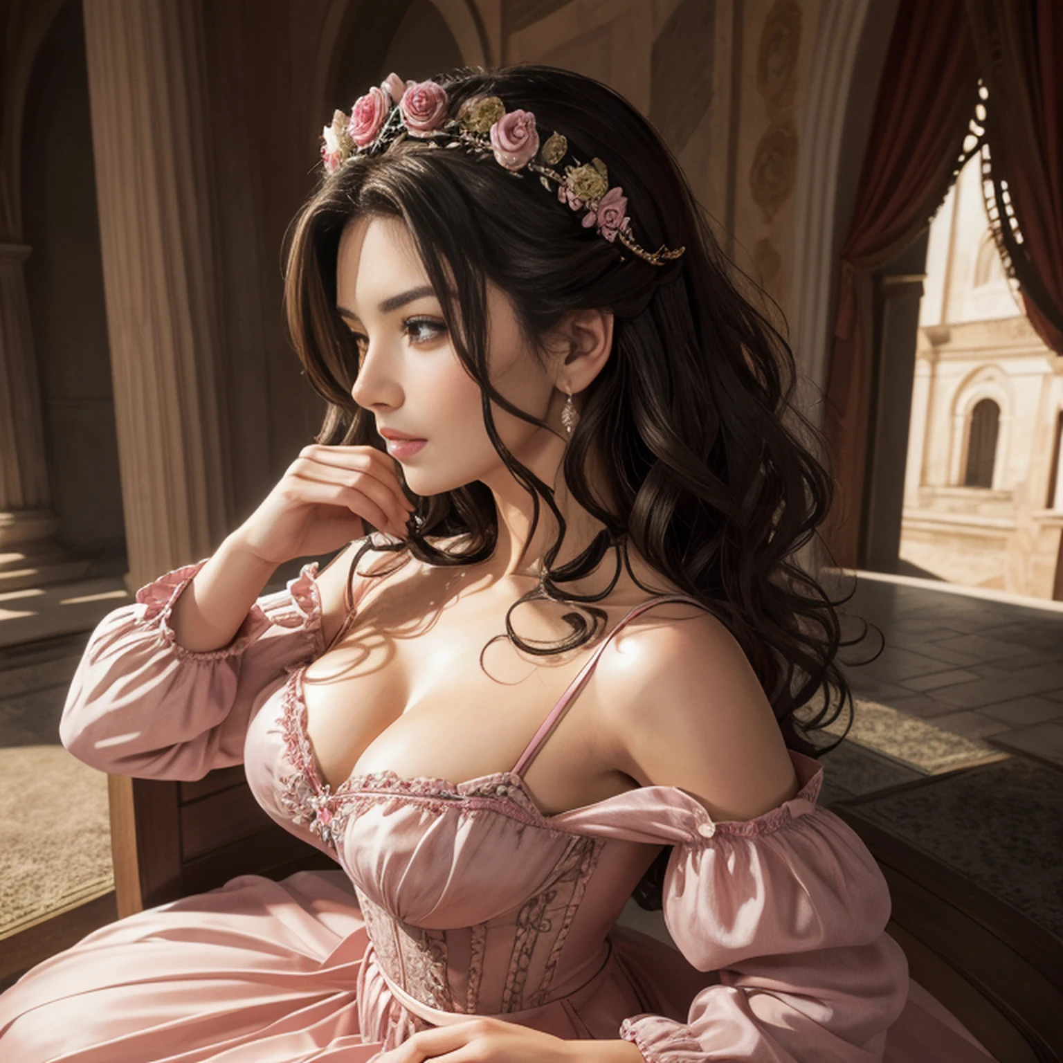 This is a realistic fantasy artwork set in the castle's enchanted rose garden. Generate a proud woman with a highly detailed face dressed in the folds of a stunning French silk ball gown. The woman's sweet face is ((((altamente detalhado, with realistic and smooth features, puffy lips.)))) The ball gown is embellished with ruffles, Faixas, e arcos e um, mas intrinsecamente, Hand-embroidered bodice. O espartilho apresenta fita de seda. The woman's stunning eyes are beautifully detailed, with realistic shading and multiple colors and high resolution. The woman is in a garden of eternal roses, cada um lindamente formado e altamente detalhado. Estas rosas realistas apresentam tons cintilantes de rosa, amarelo, laranja, e vermelho cintilante. The eternal rose is a deep shade of red with sparkling pink tones and tones. Garantir que o rosto da mulher, Hair, and the eyes are perfect. realismo, alta fantasia, fantasia caprichosa, storybook fantasy, fantasia de conto de fadas, Detalhes da fantasia, Encantadora, Encantadora, 8k, Contrata, .cgi, pintura digital, unidade, Motor irreal, (((master part))), intrincado, elegante, altamente detalhado, majestoso, fotografia digital, Arte de Artgerm e Ruan Jia e Greg Rutkowski, (master part, belos olhos finamente detalhados: 1.2), HDR, textura de pele realista, (((1Mulher))), (((sozinho))), Inclua um rosto altamente detalhado, Rosto extremamente detalhado, e fundo interessante.