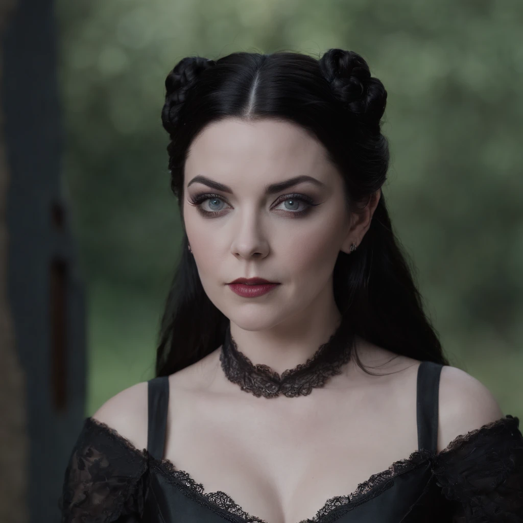 Young woman in a black dress standing in a dark room, age 30, Amy Lee, Evanescence, Imagen de un video musical, Gothic Maid, goth woman, Black Rococo Metal, Dark Gothic Queen, video still, gothic maiden of the dark, goth girl, wearing a gothic dress, godo, Gothic, gothic horror vibes, behind her is a scary atmosphere