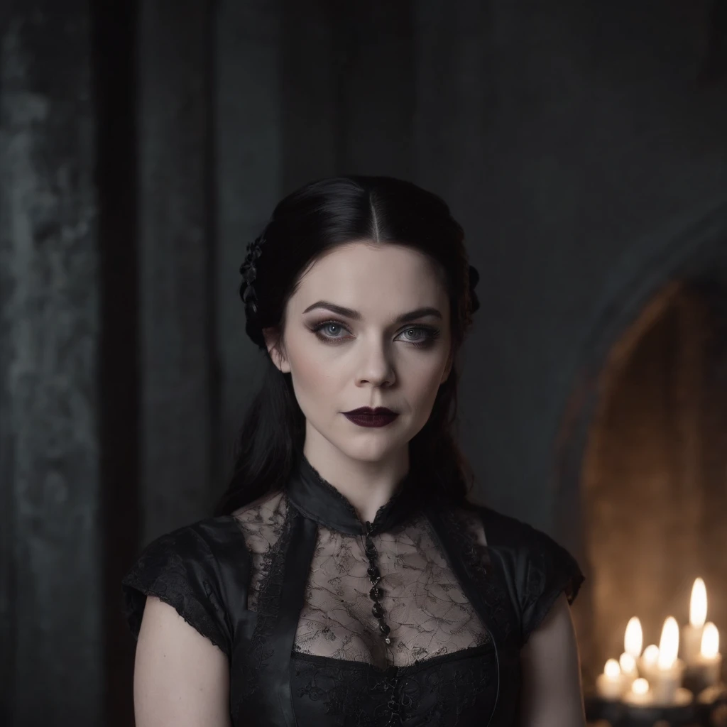 Young woman in a black dress standing in a dark room, age 30, Amy Lee, Evanescence, Imagen de un video musical, Gothic Maid, goth woman, Black Rococo Metal, Dark Gothic Queen, video still, gothic maiden of the dark, goth girl, wearing a gothic dress, godo, Gothic, gothic horror vibes, behind her is a scary atmosphere