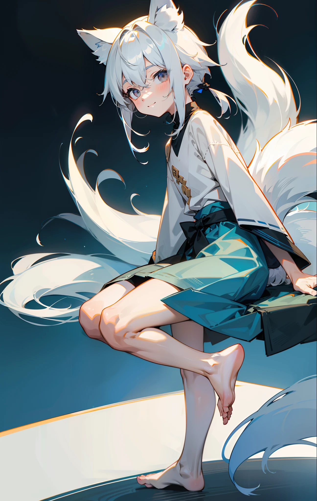 （1boy），（shota），（high-definition quality，Masterpiece level），cute  character，silvery white hair，With gray eyes，（Wolf ears），（Wolf tail），One tail，（No ears），（younge boy），（ears covered），（hair covered ears），A pinch of blue bangs，Whole body diagram，The barefoot，cute feet，ssmile