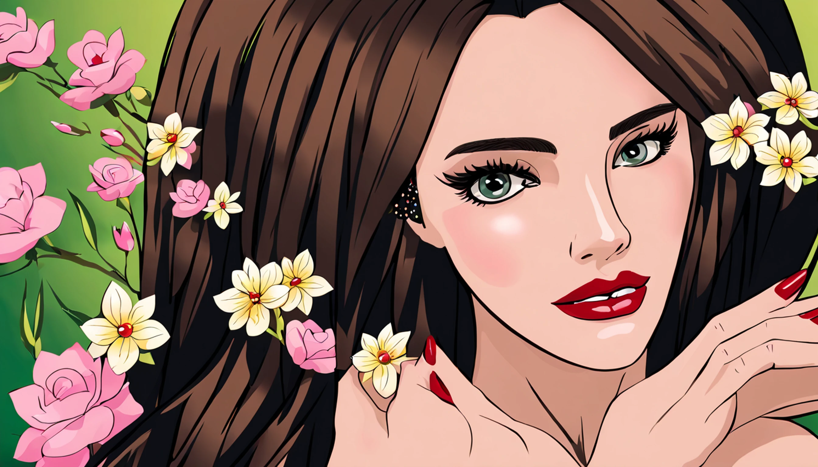 pintar_Estilo, 1girl, sozinho, Olhando para o Viewer, cabelos pretos, ornamento de cabelo, mangas compridas, vestir, propriedade, olhos castanhos, jewelries, parte superior do corpo, flor, Brincos, Flor do cabelo, mangas largas, colar, Petals, maquiagema, Rosa, Roupas chinesas, batom, fundo preto, flor vermelha, gema, segurando flor, red lips