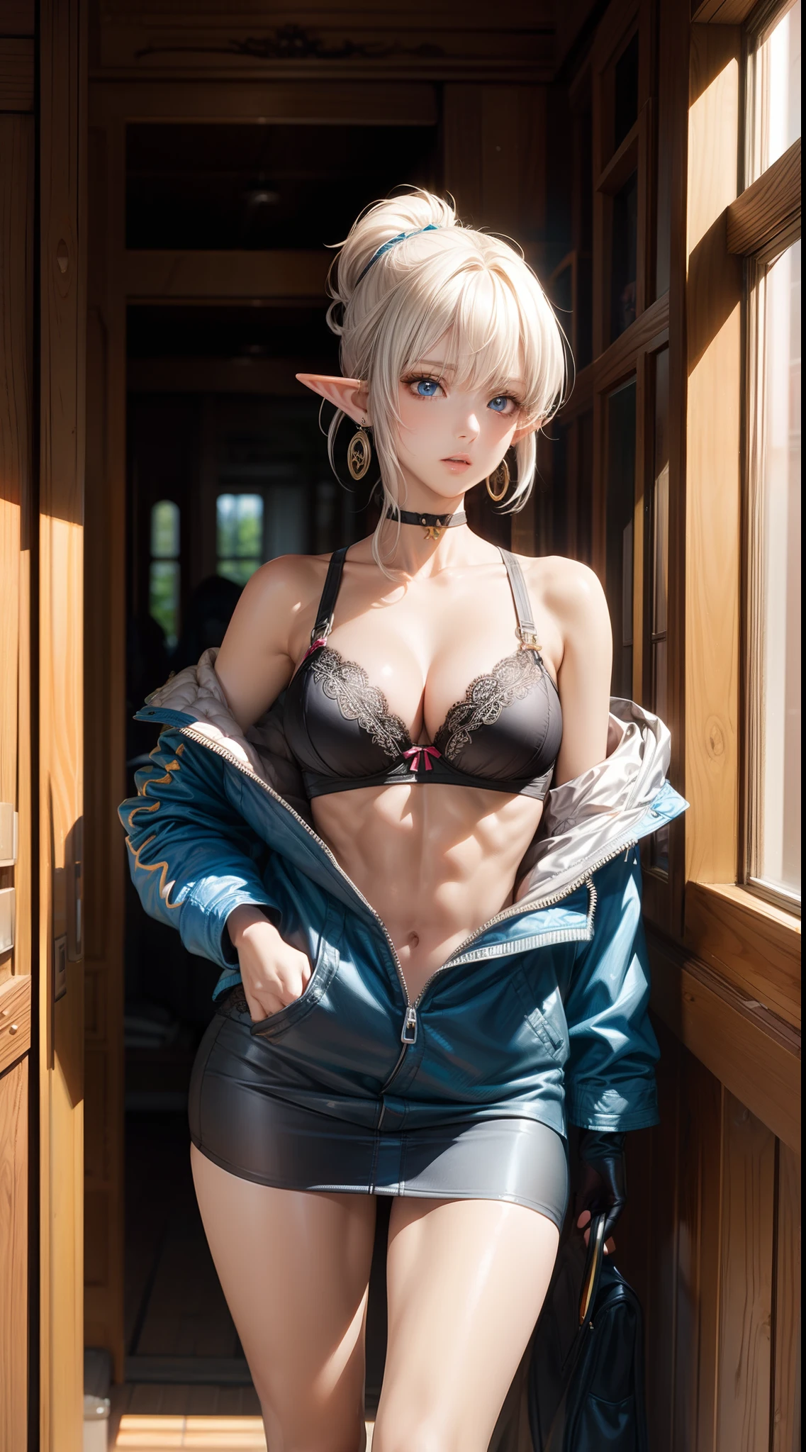 A beautiful elf, 1girl, ((rock jacket)),  bra, underwear, black bikini, black bra, big breasts, white hair, short ponytail hair, Perfect lips, earring, glowing, choker, detached sleeves, full body, gloves, fantasy art, illustration, bare shoulders, (abs: 1.3), (earrings:1.3), (asymmetrical bangs:1.3), highly detailed face, masterpiece, Aesthetic, anime style drawing by Ayami kojima, HDR, digital art by Yusuke Murata