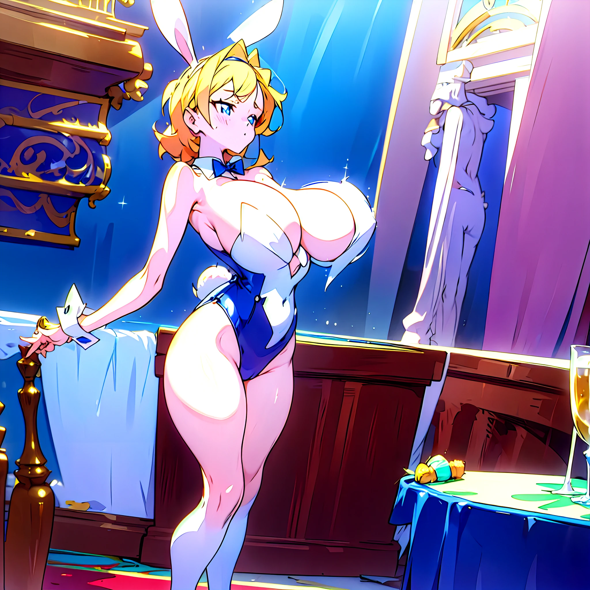 LWA 1girl solo as playboy bunny, bunny outfit, perfect anatomy, breasts shortstackBT, playboy centerfold style, in 80's anime style, and LWA style
